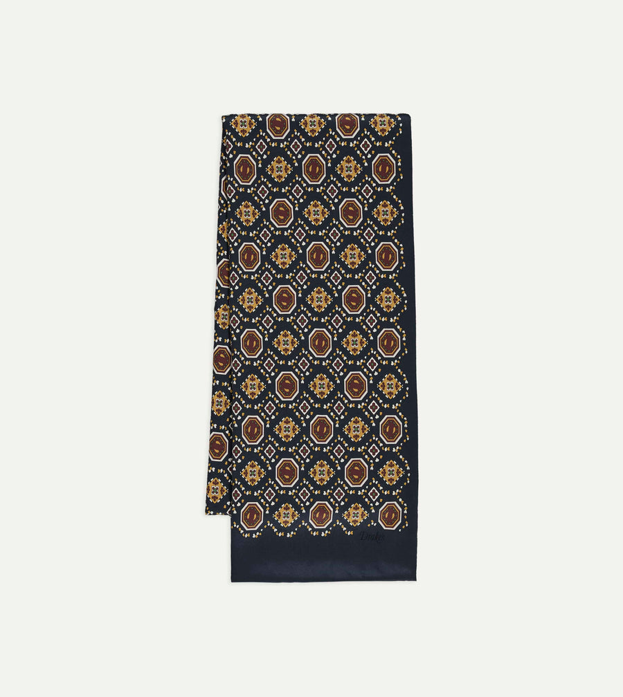 Navy Medallion Print Tubular Silk Scarf