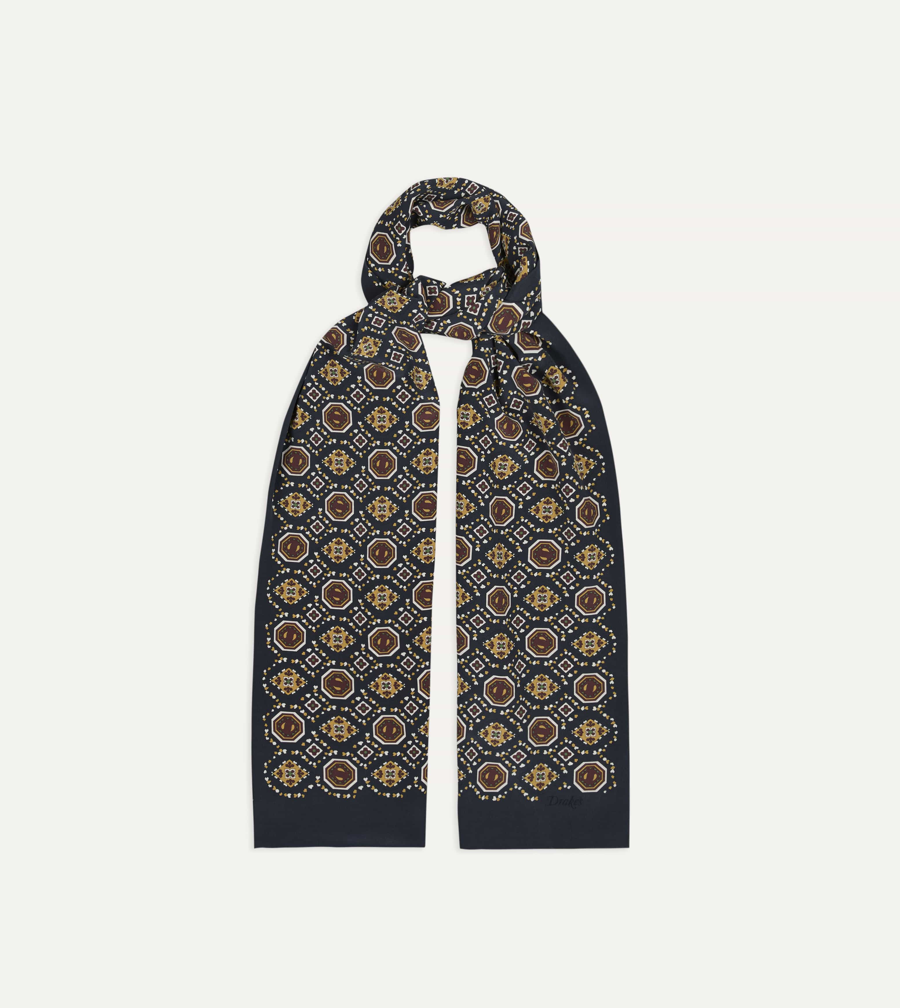 Navy Medallion Print Tubular Silk Scarf