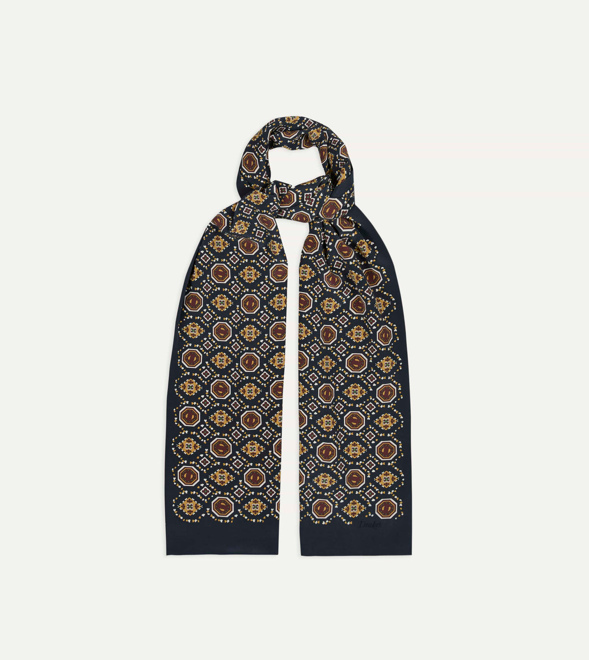 Navy Medallion Print Tubular Silk Scarf