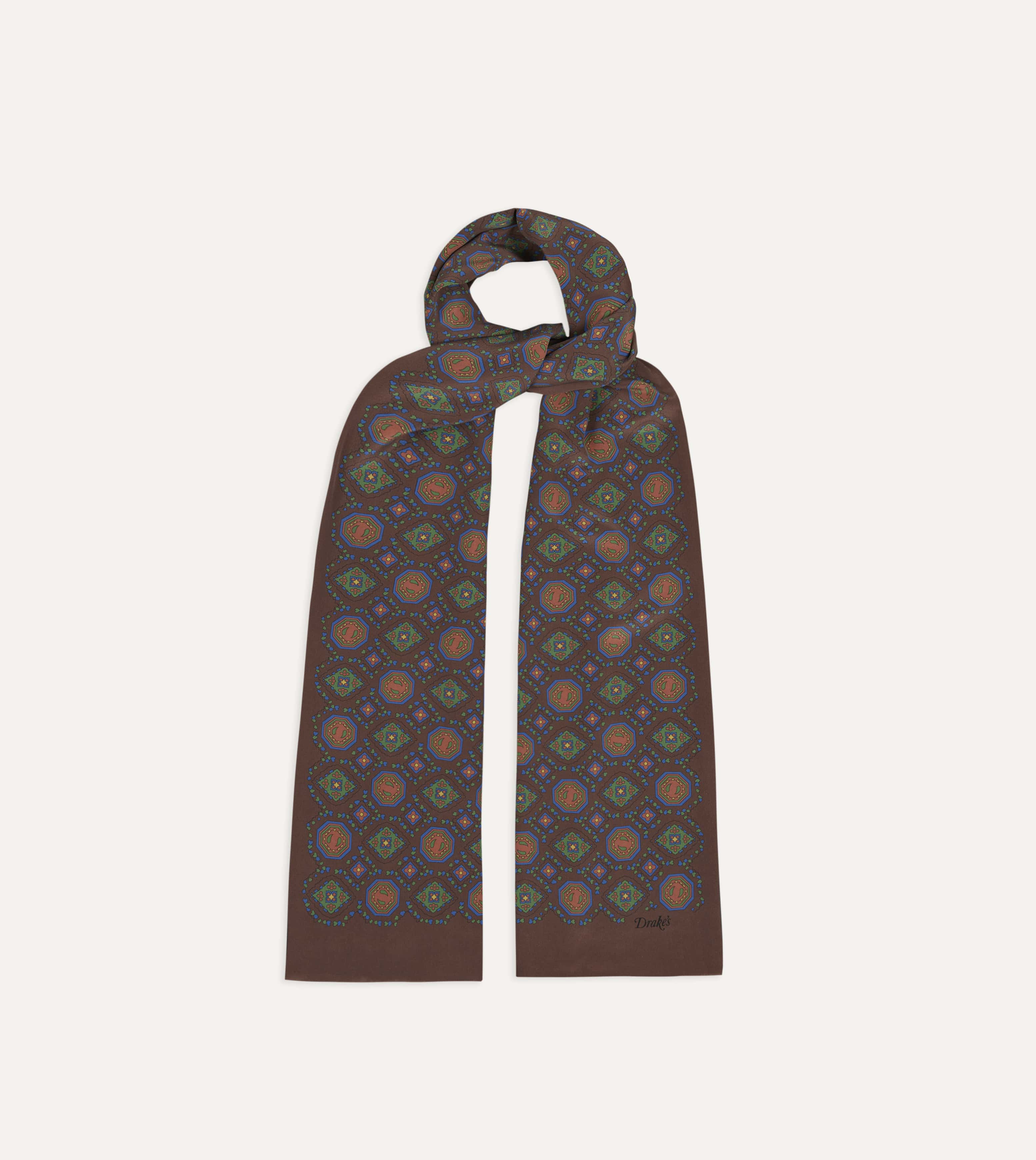 Brown Medallion Print Tubular Silk Scarf