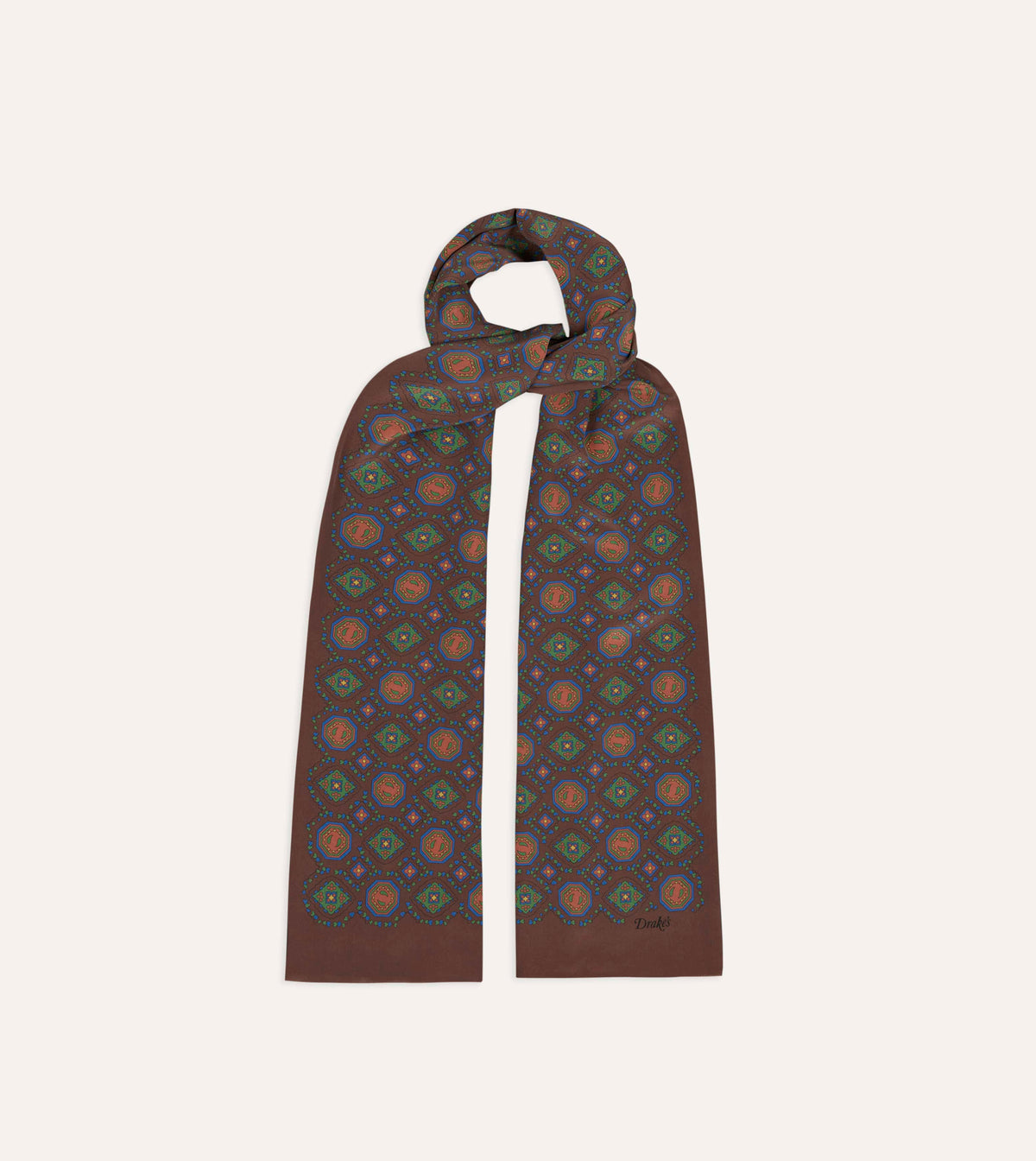 Brown Medallion Print Tubular Silk Scarf