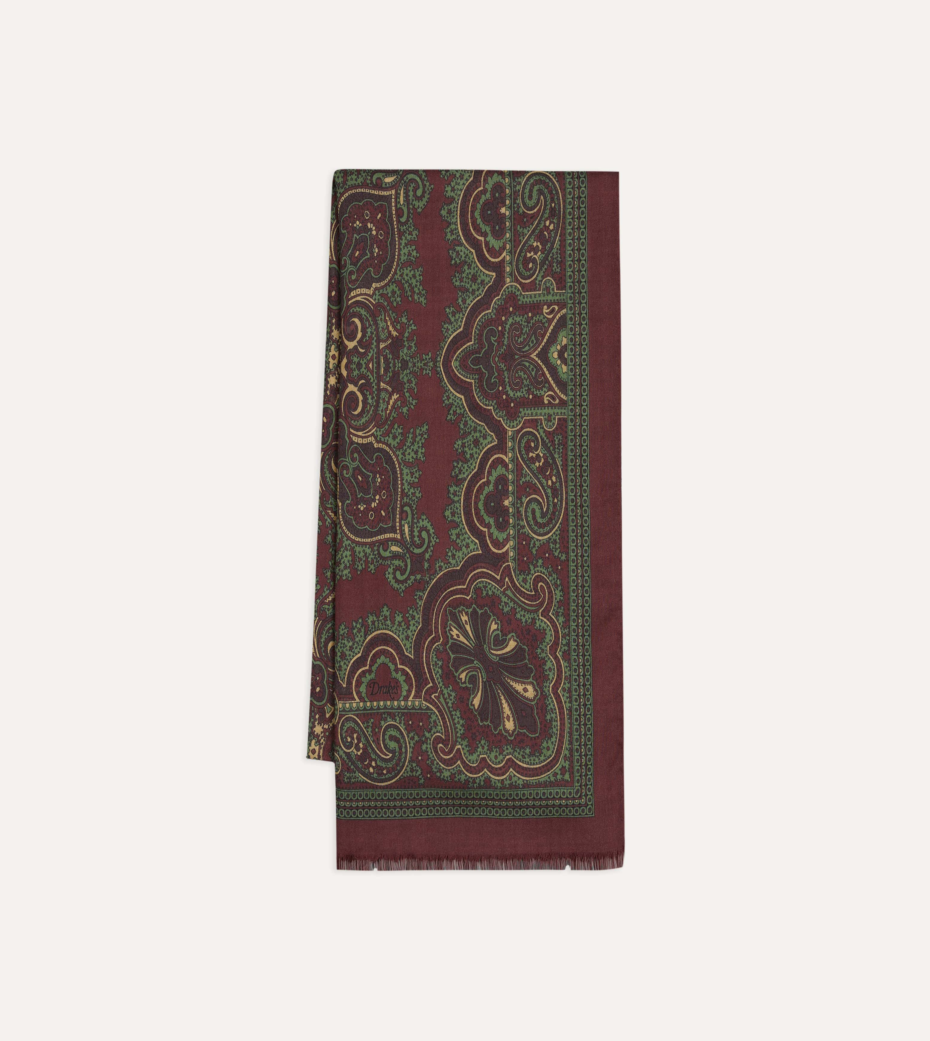 Burgundy and Green Vintage Paisley Print Wool Silk Scarf