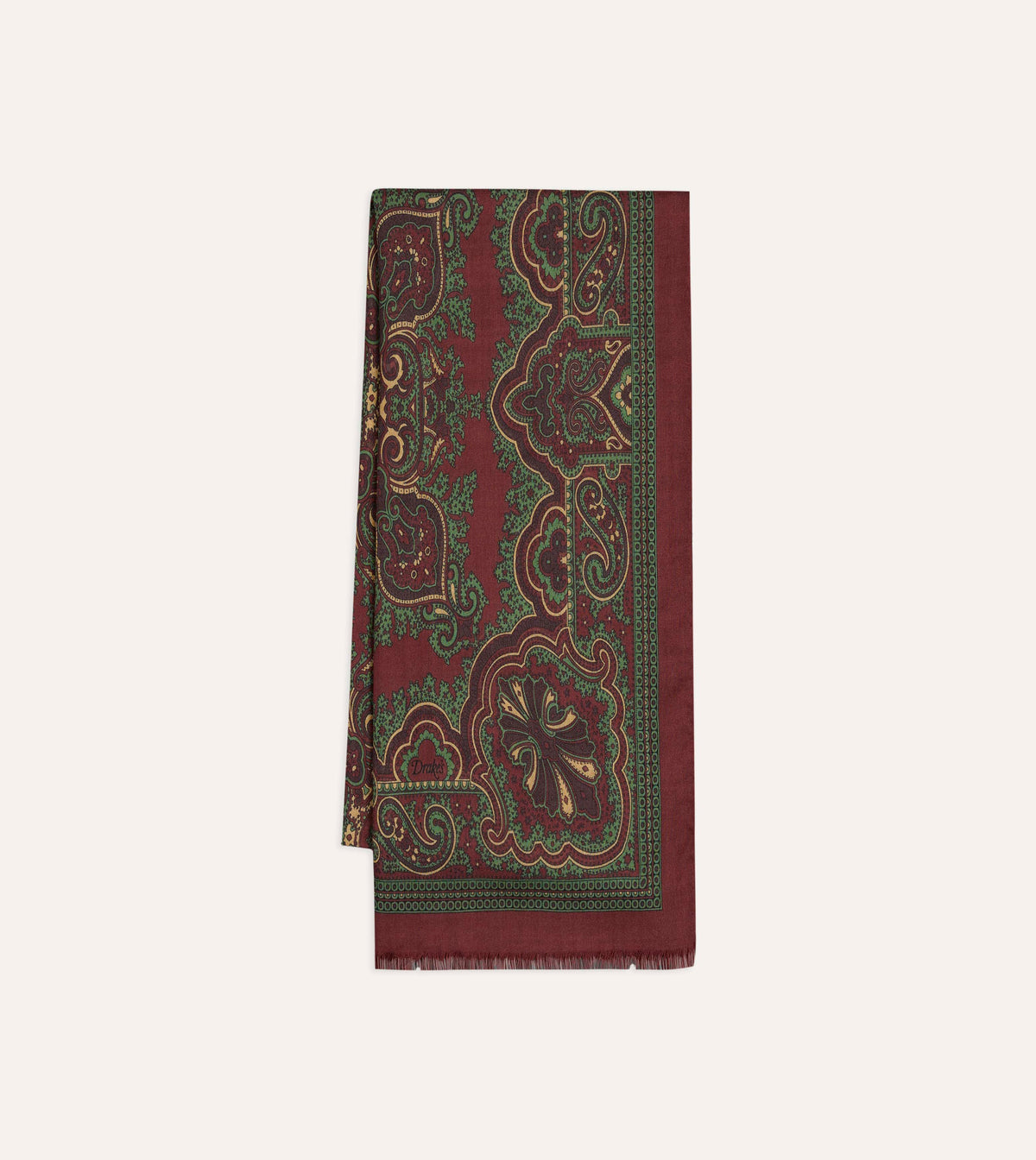 Burgundy and Green Vintage Paisley Print Wool Silk Scarf