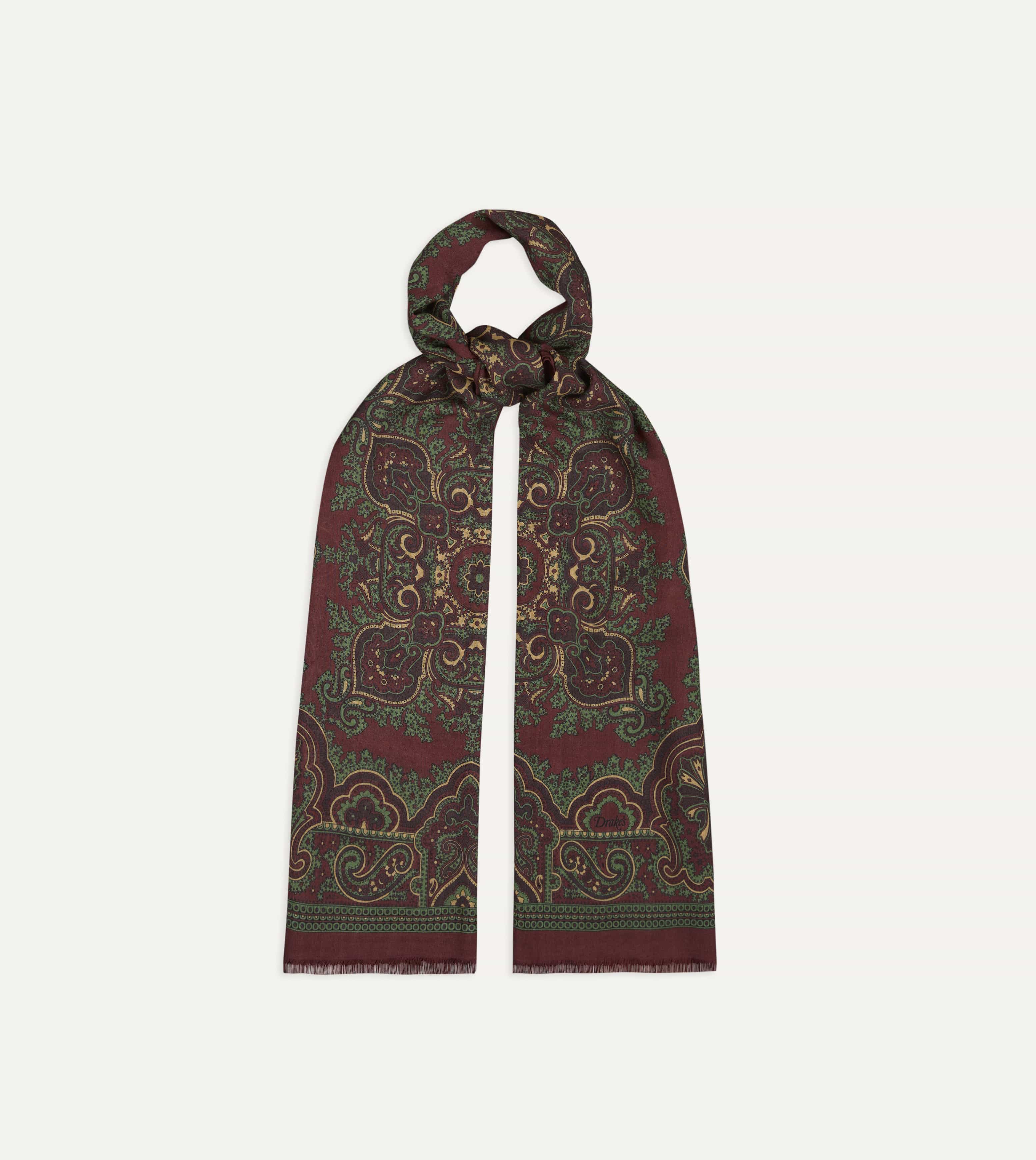 Burgundy and Green Vintage Paisley Print Wool Silk Scarf