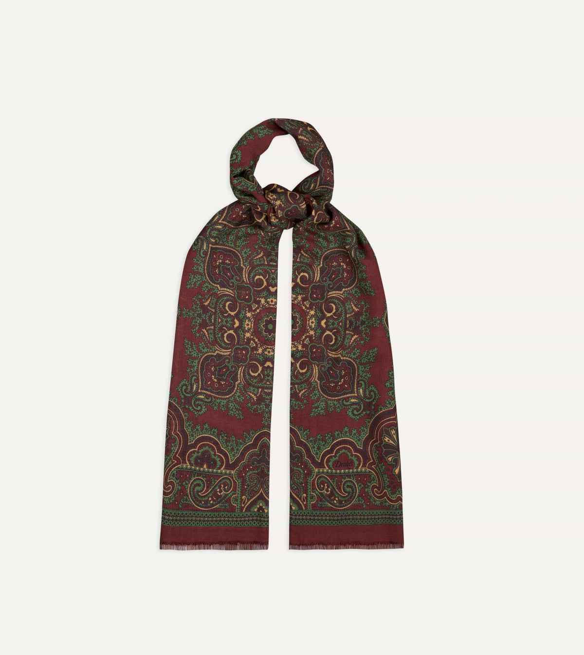 Burgundy and Green Vintage Paisley Print Wool Silk Scarf