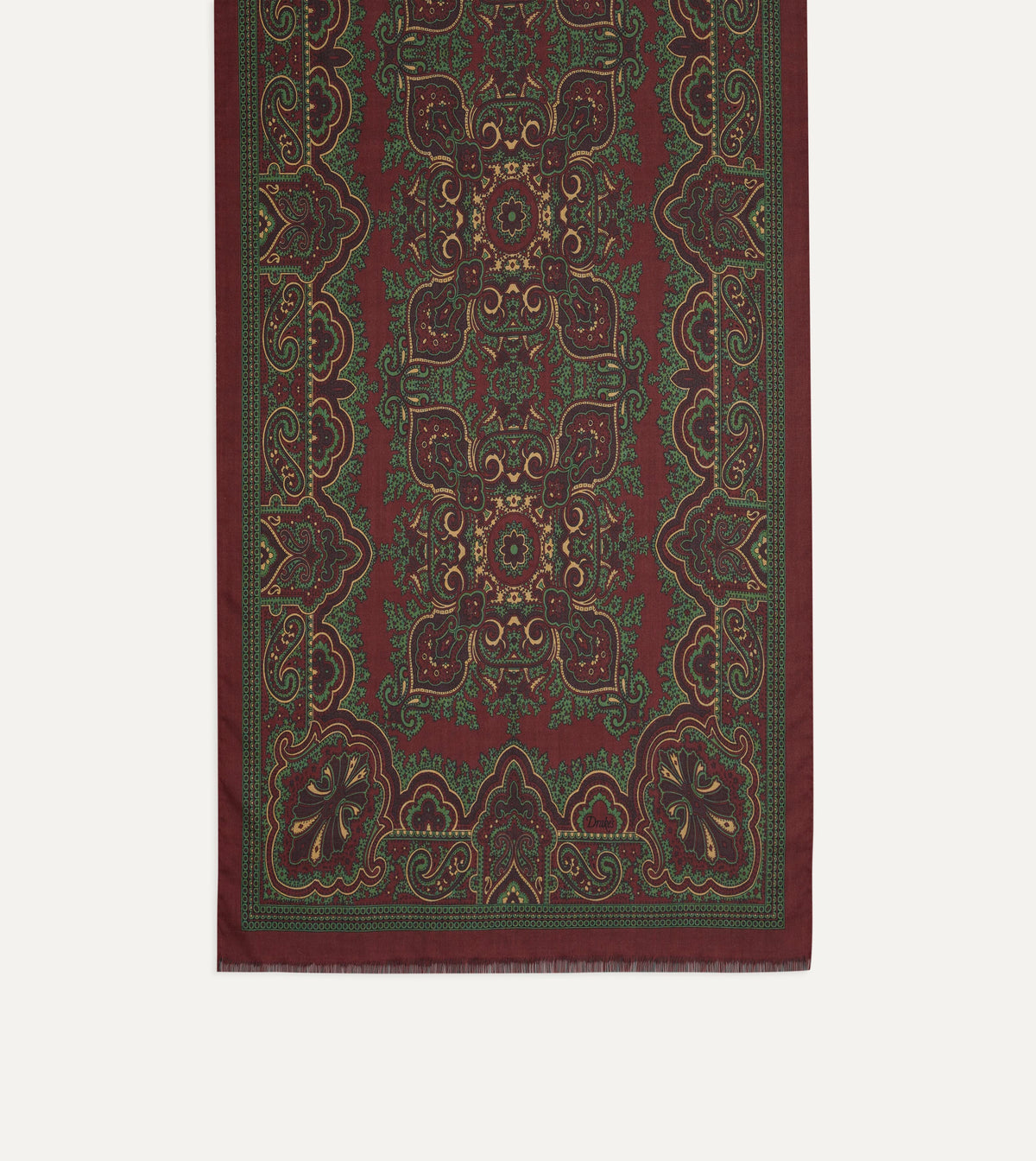 Burgundy and Green Vintage Paisley Print Wool Silk Scarf