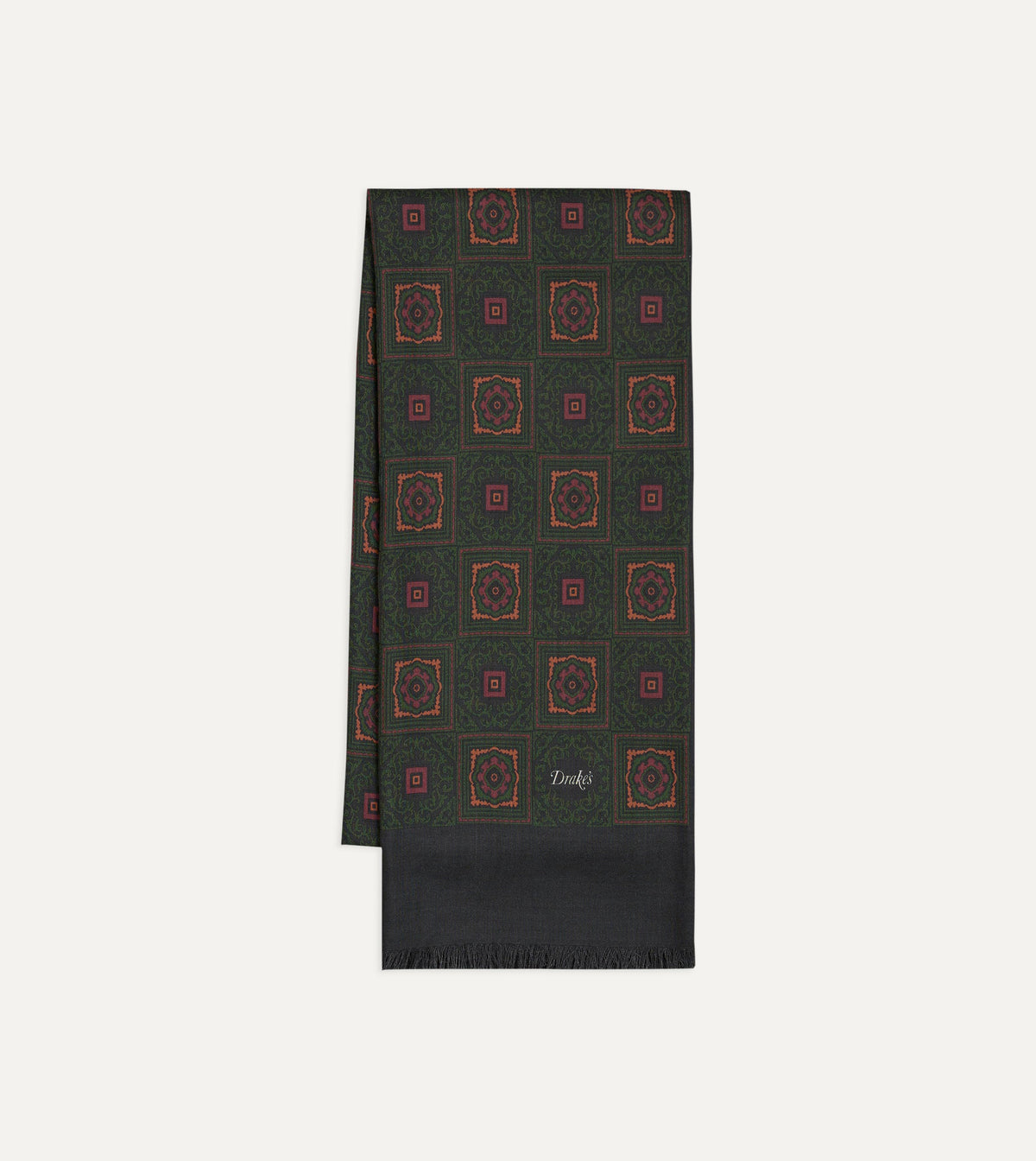 Dark Green and Brown Medallion Print Tubular Wool-Silk Scarf