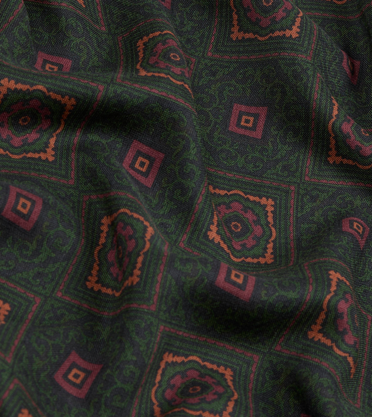 Dark Green and Brown Medallion Print Tubular Wool-Silk Scarf