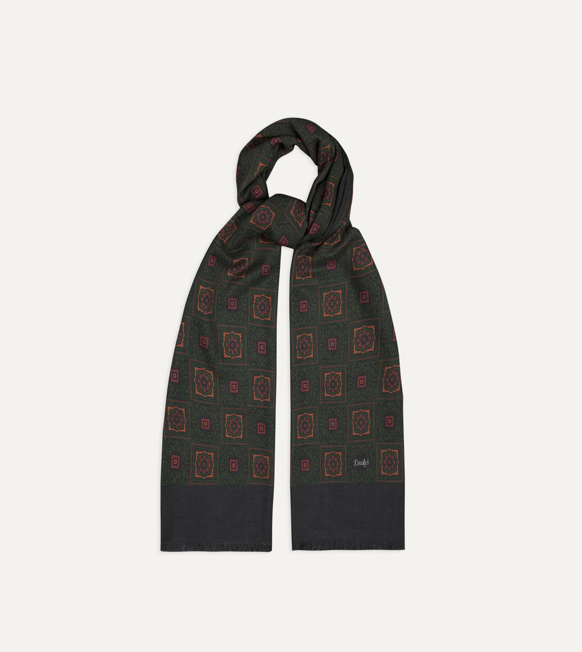 Dark Green and Brown Medallion Print Tubular Wool-Silk Scarf