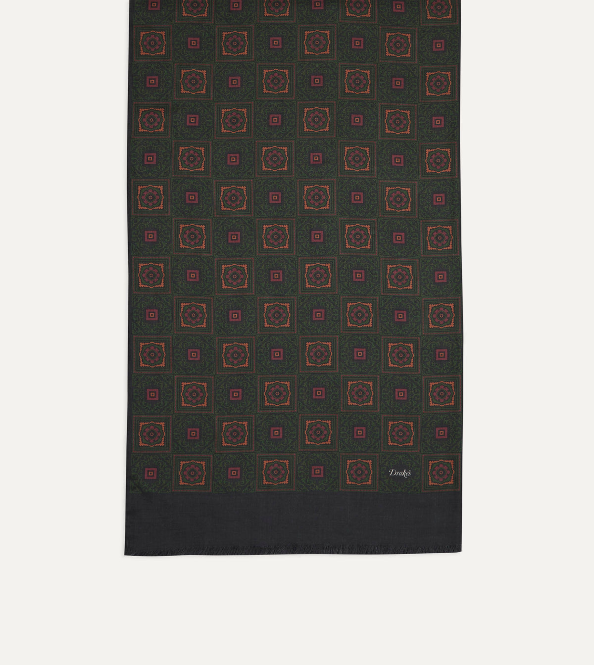 Dark Green and Brown Medallion Print Tubular Wool-Silk Scarf