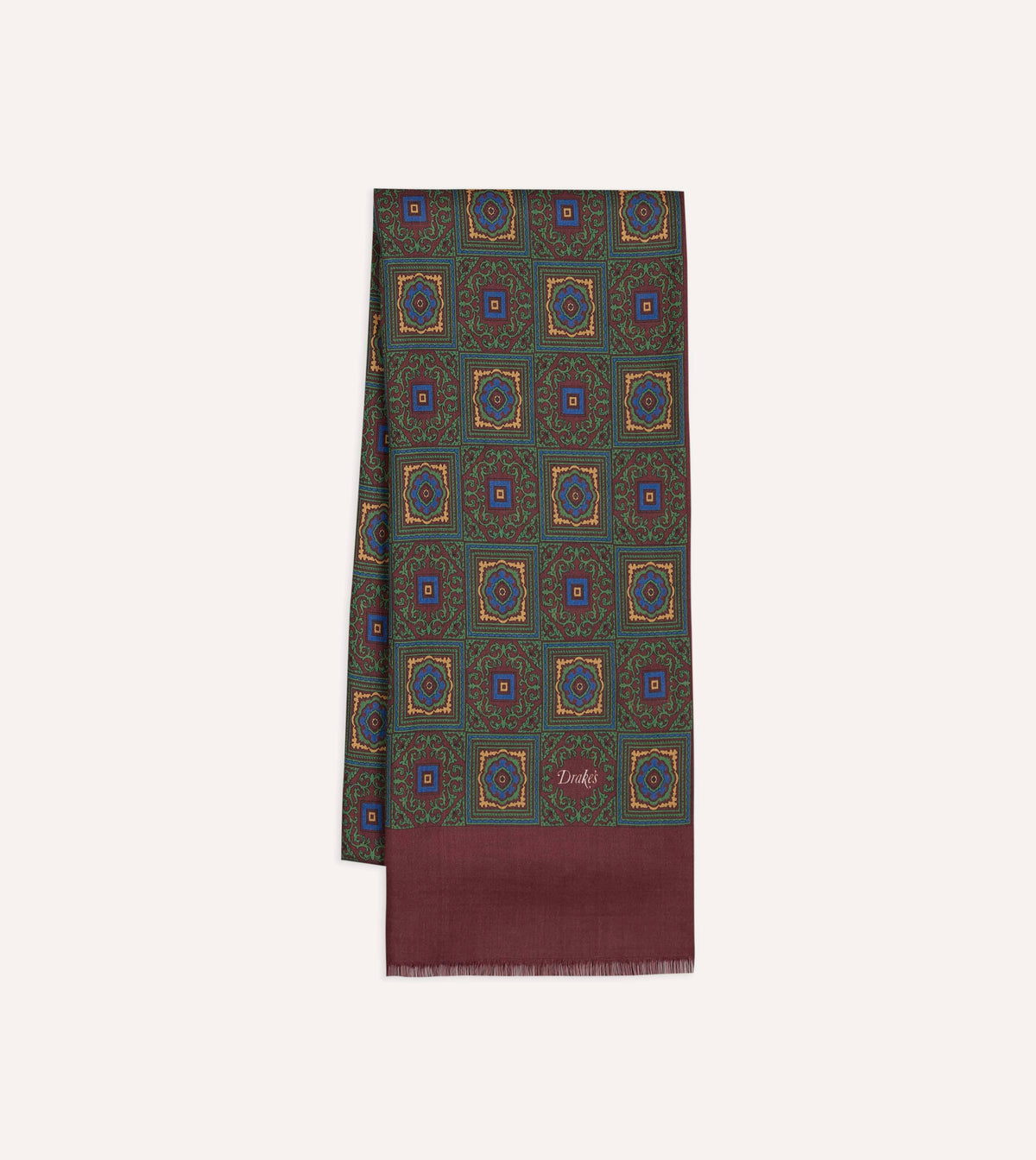 Green and Red Medallion Print Tubular Wool-Silk Scarf