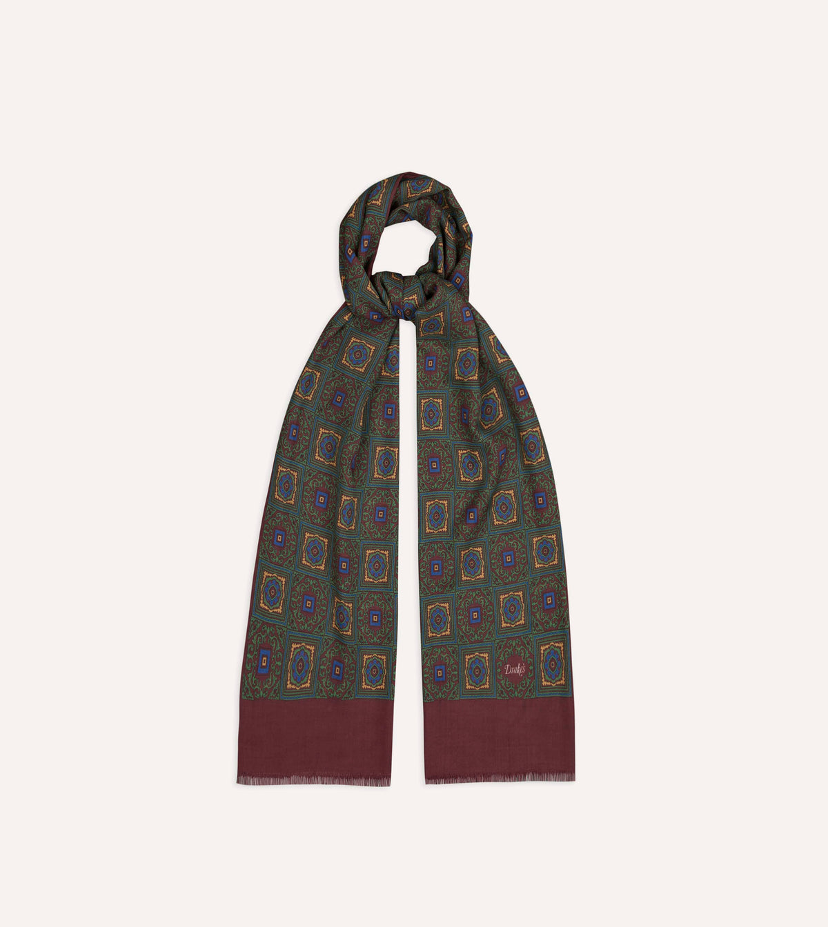 Green and Red Medallion Print Tubular Wool-Silk Scarf