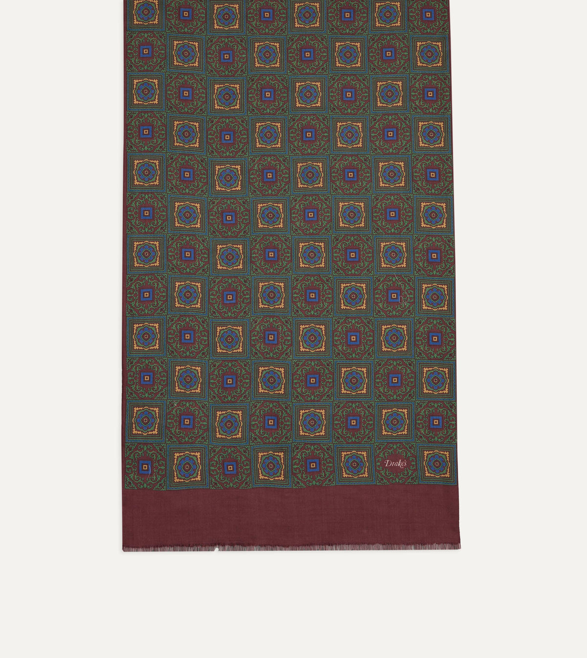 Green and Red Medallion Print Tubular Wool-Silk Scarf