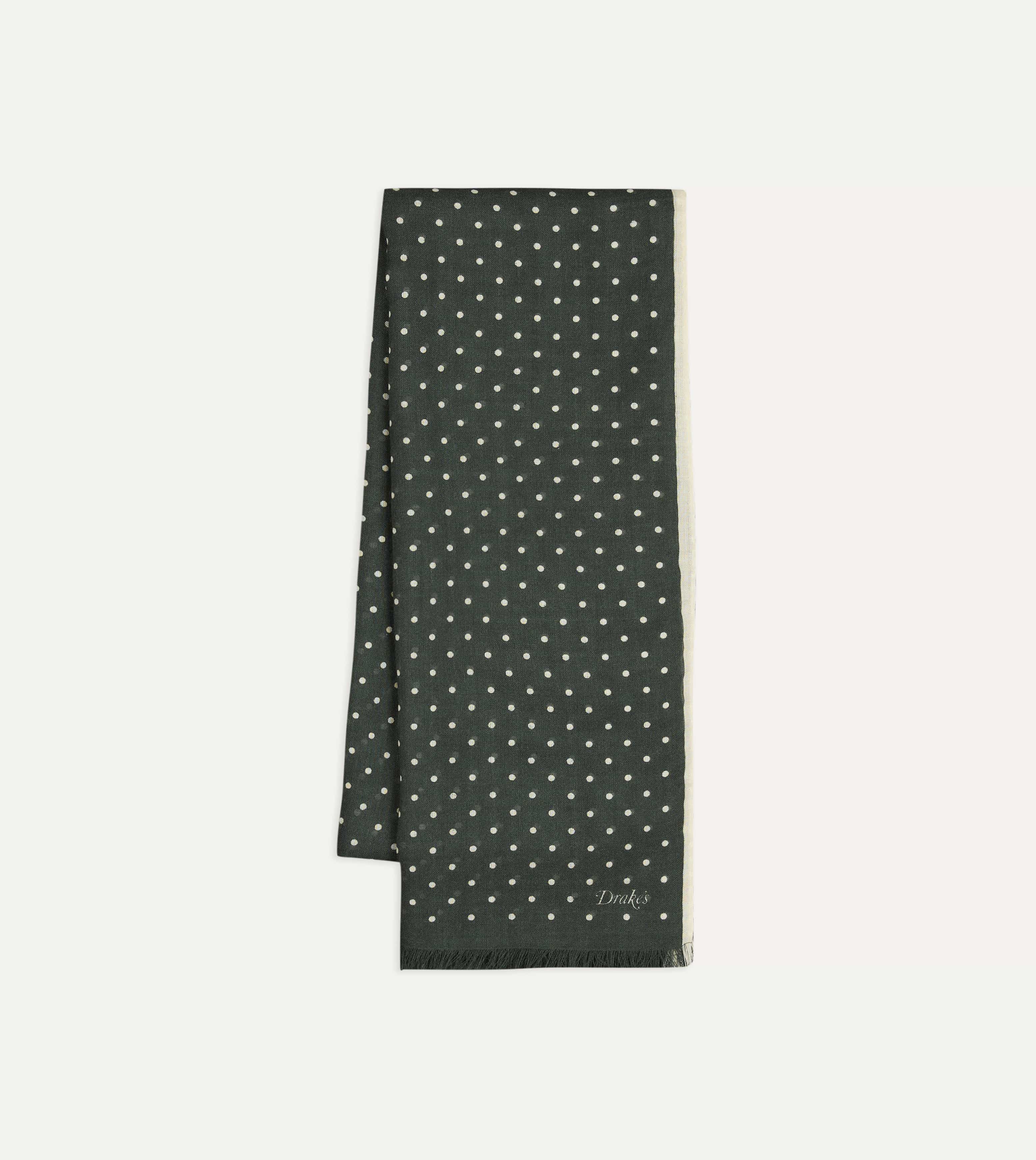 Green Polka Dot Print Shoestring Wool-Silk Scarf