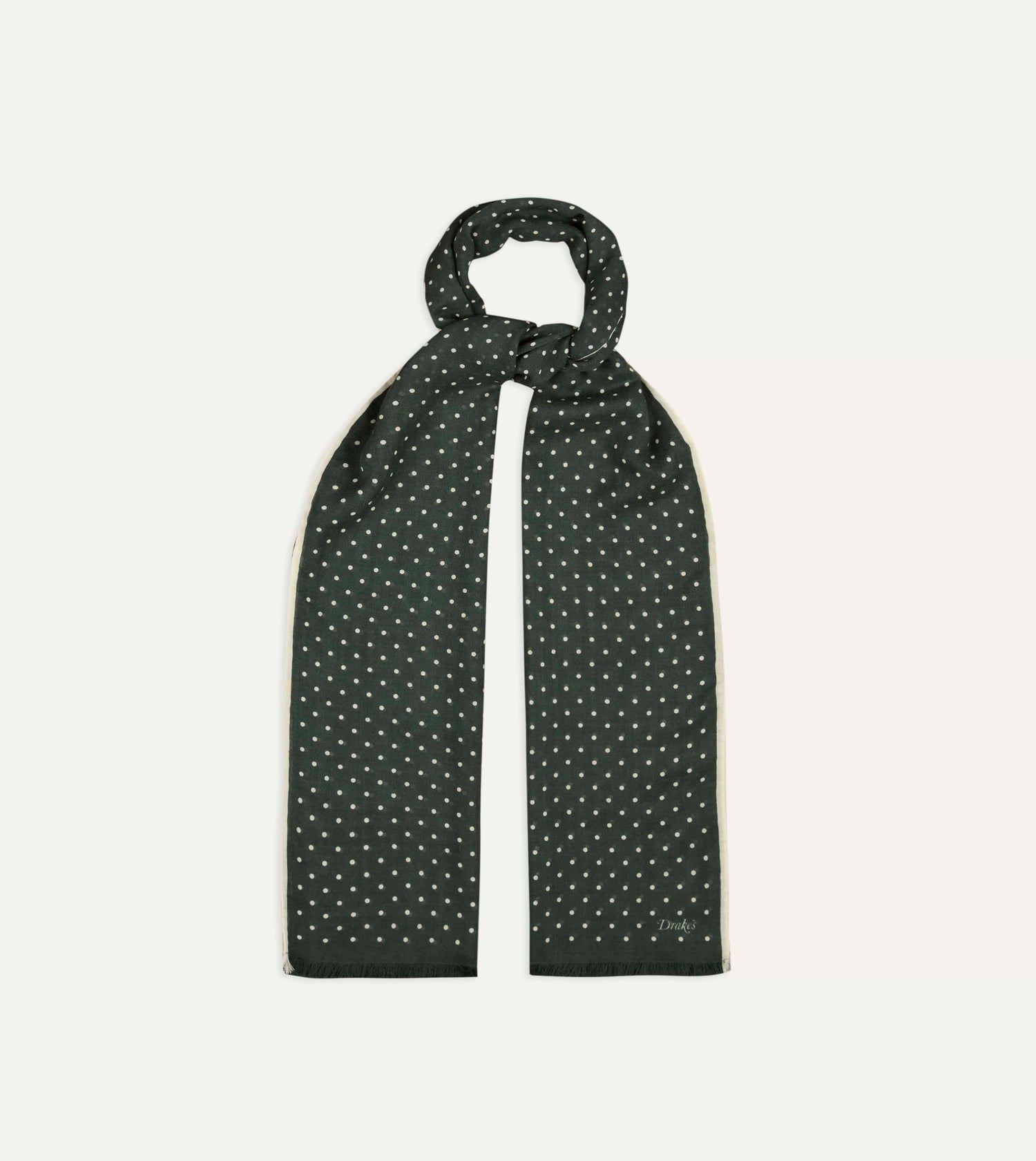 Green Polka Dot Print Shoestring Wool-Silk Scarf