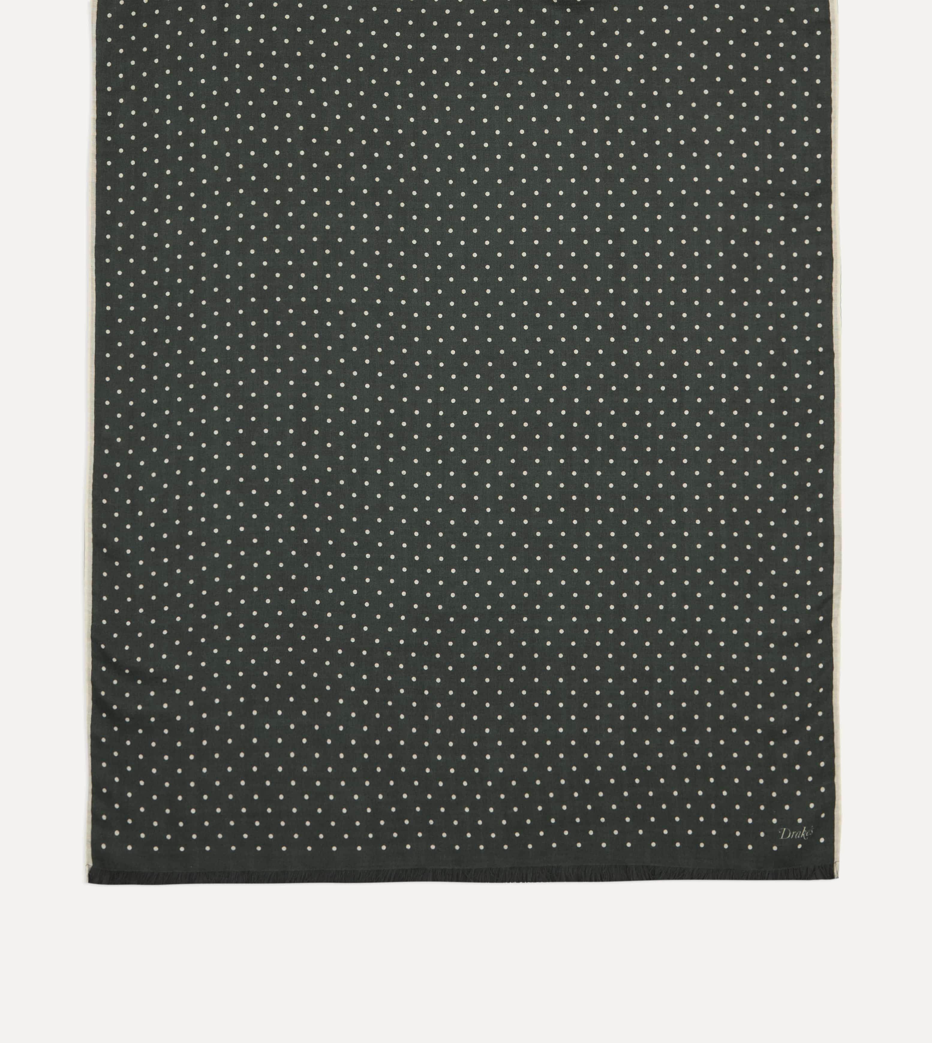 Green Polka Dot Print Shoestring Wool-Silk Scarf
