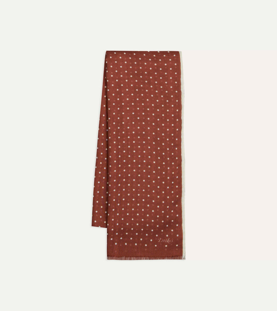 Burgundy Polka Dot Print Shoestring Wool-Silk Scarf