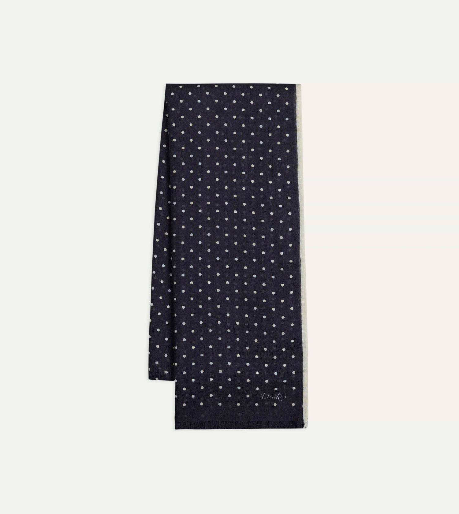 Navy Polka Dot Print Shoestring Wool-Silk Scarf