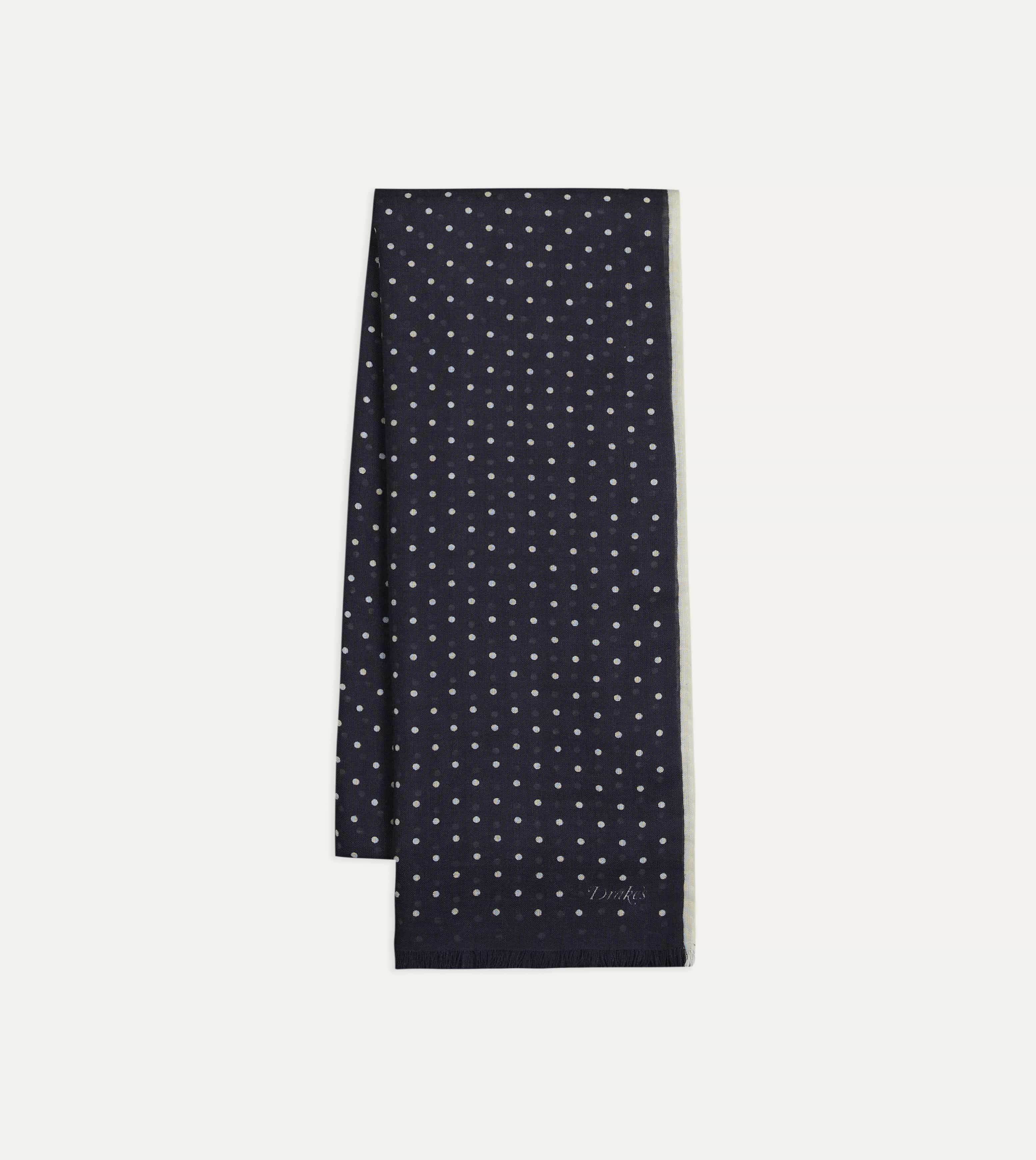 Navy Polka Dot Print Shoestring Wool-Silk Scarf