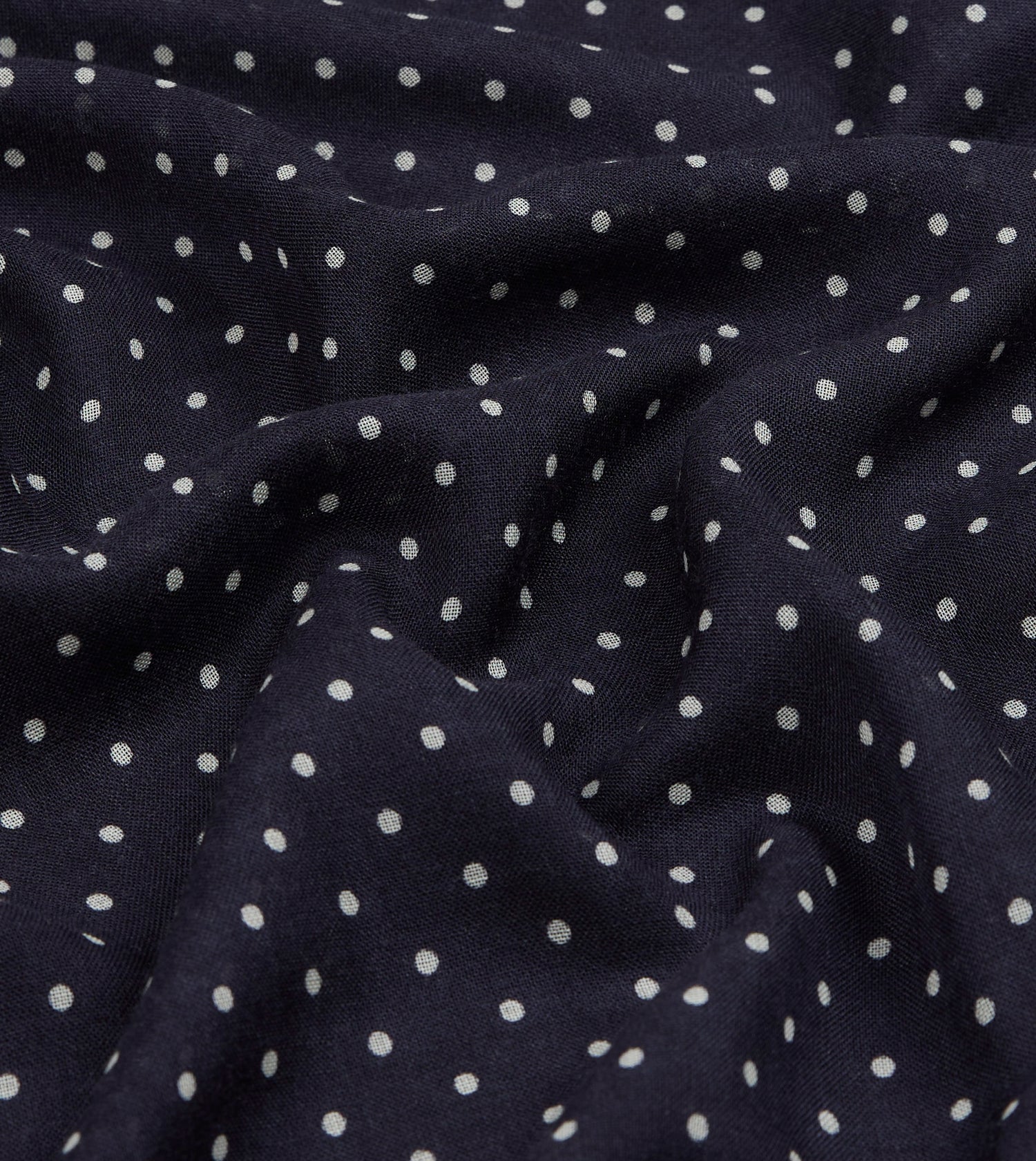 Navy Polka Dot Print Shoestring Wool-Silk Scarf