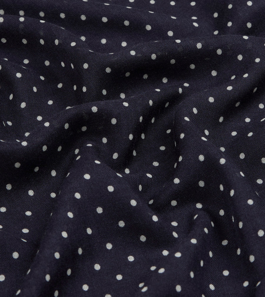 Navy Polka Dot Print Shoestring Wool-Silk Scarf