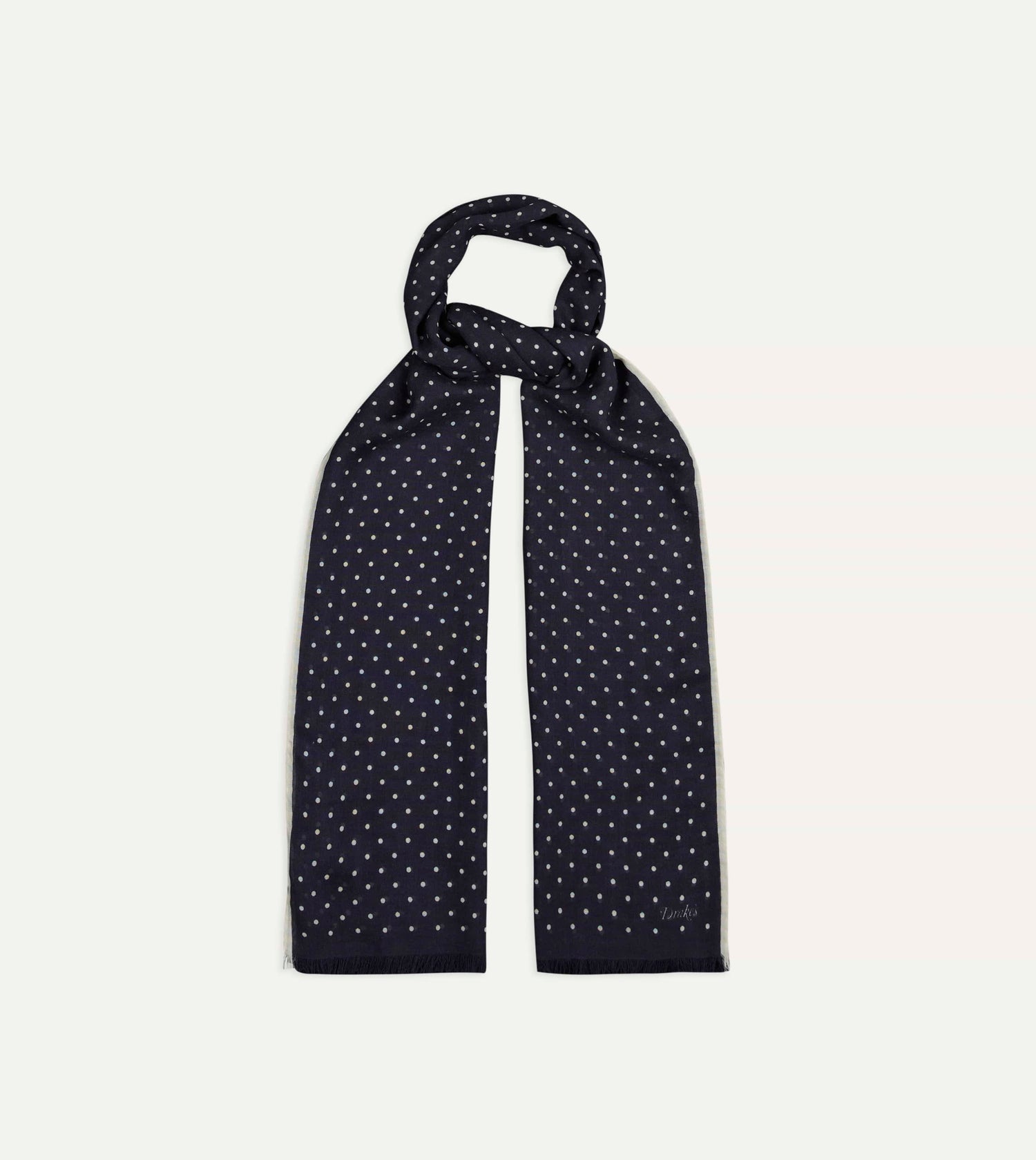 Navy Polka Dot Print Shoestring Wool-Silk Scarf