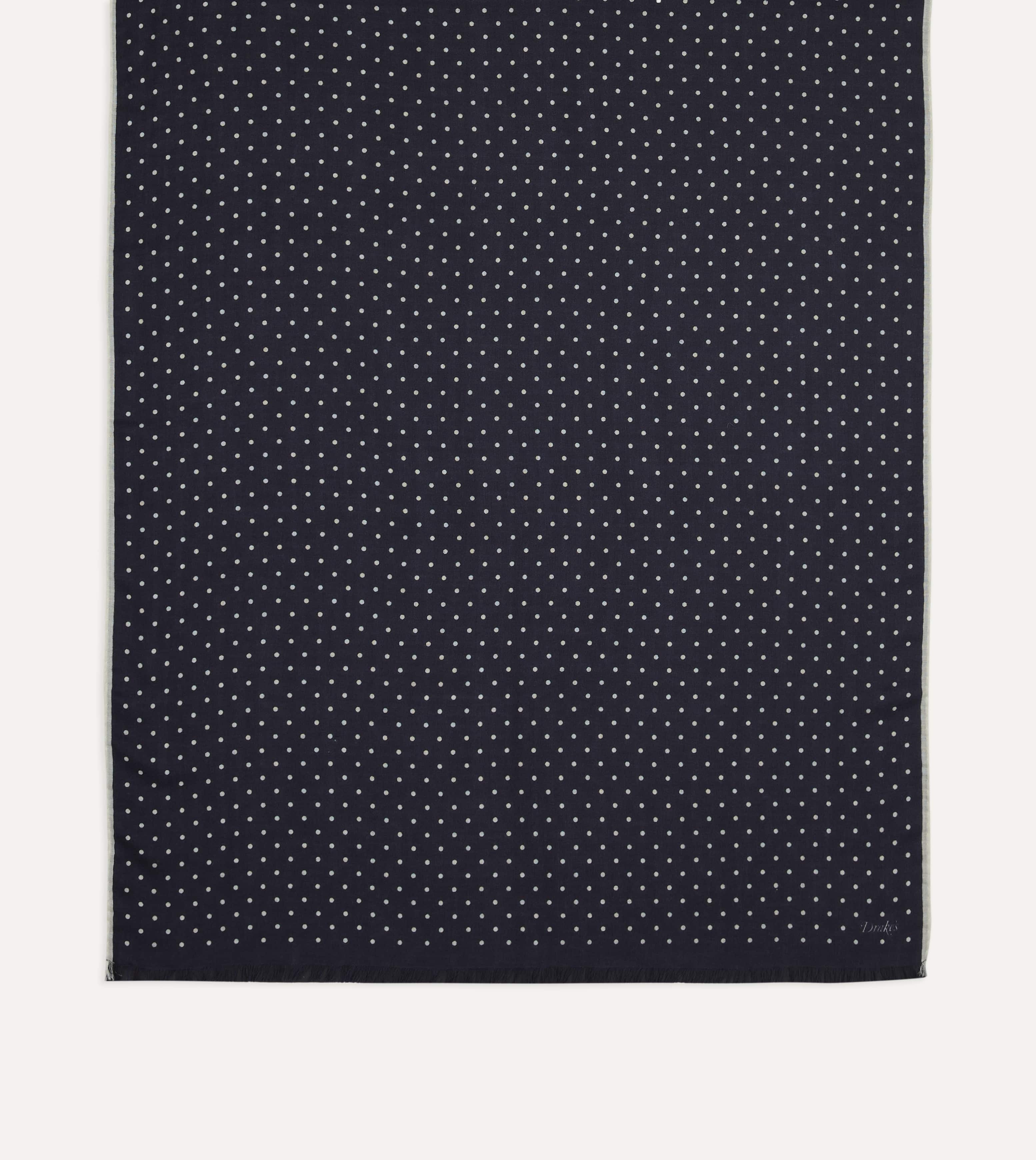 Navy Polka Dot Print Shoestring Wool-Silk Scarf