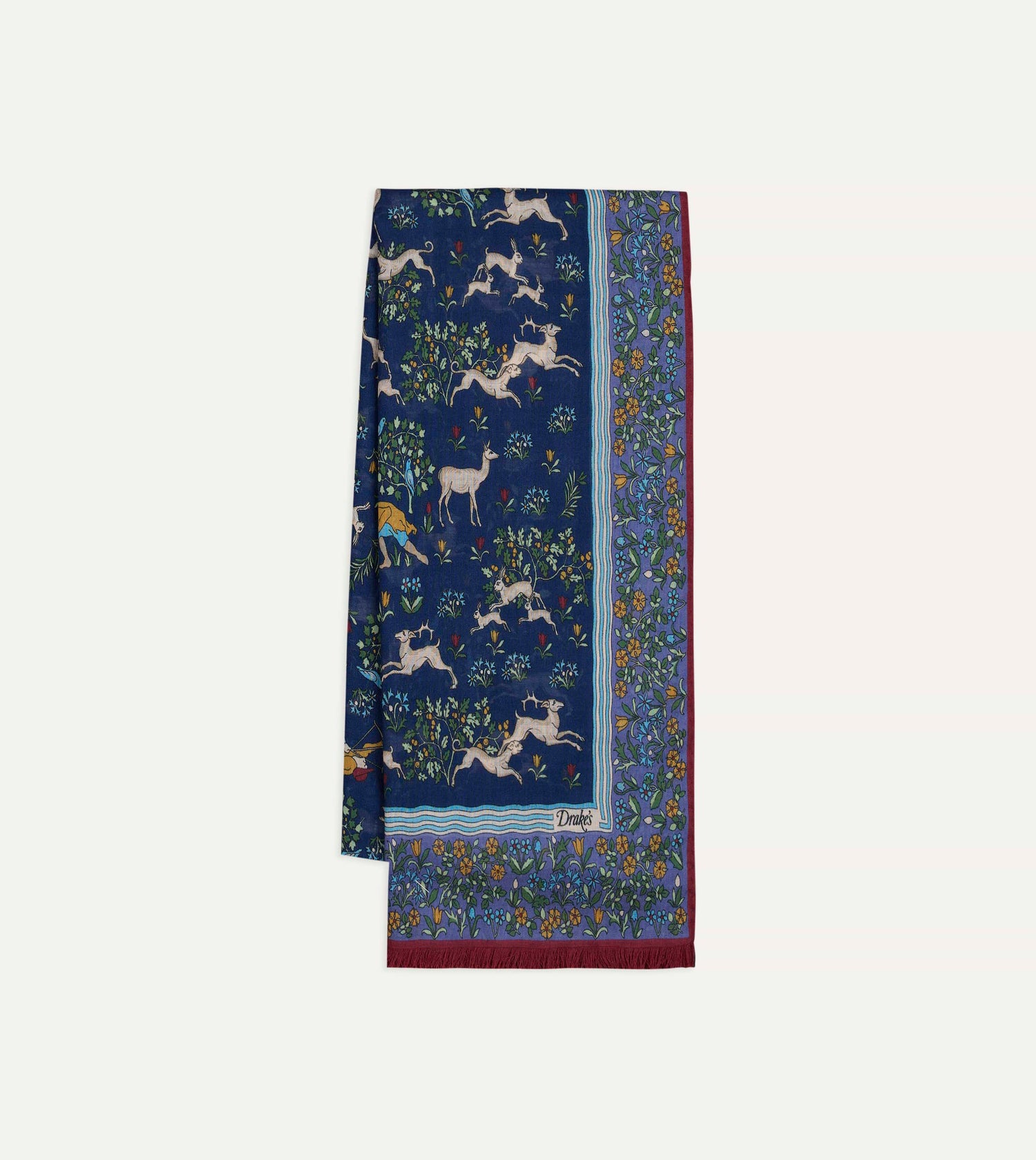 Navy Archival Animals Print Wool-Silk Scarf