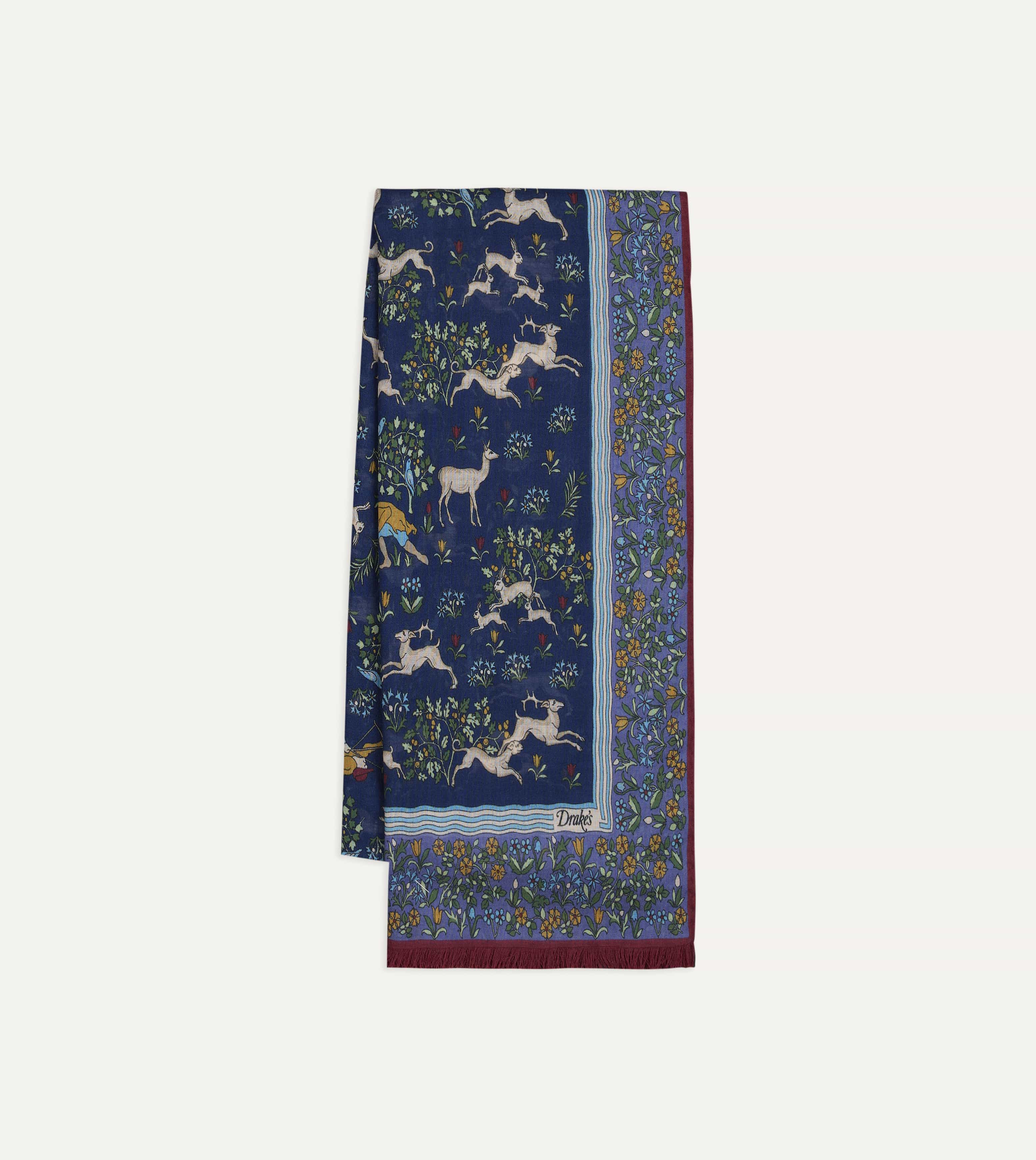Navy Archival Animals Print Wool-Silk Scarf