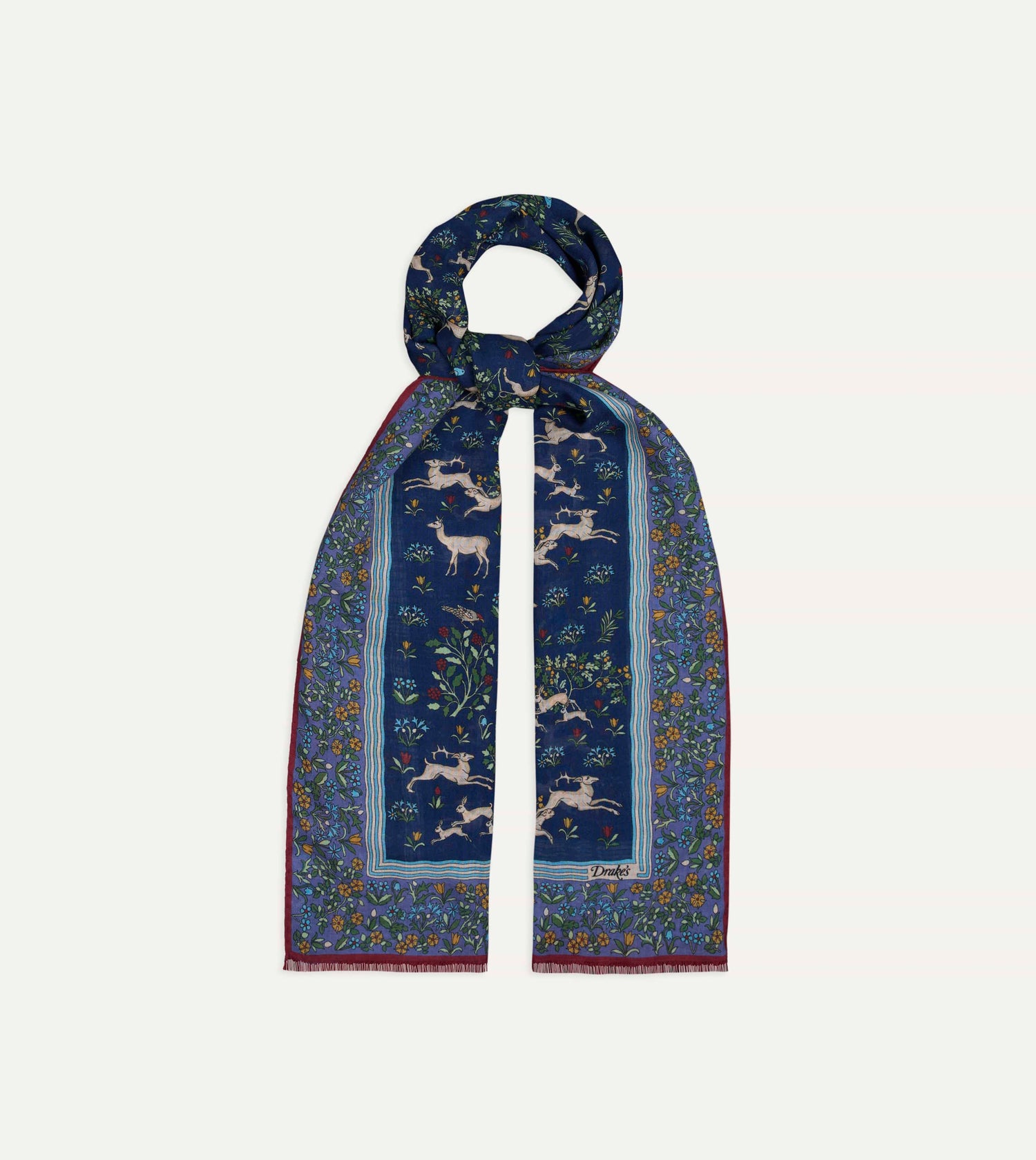 Navy Archival Animals Print Wool-Silk Scarf