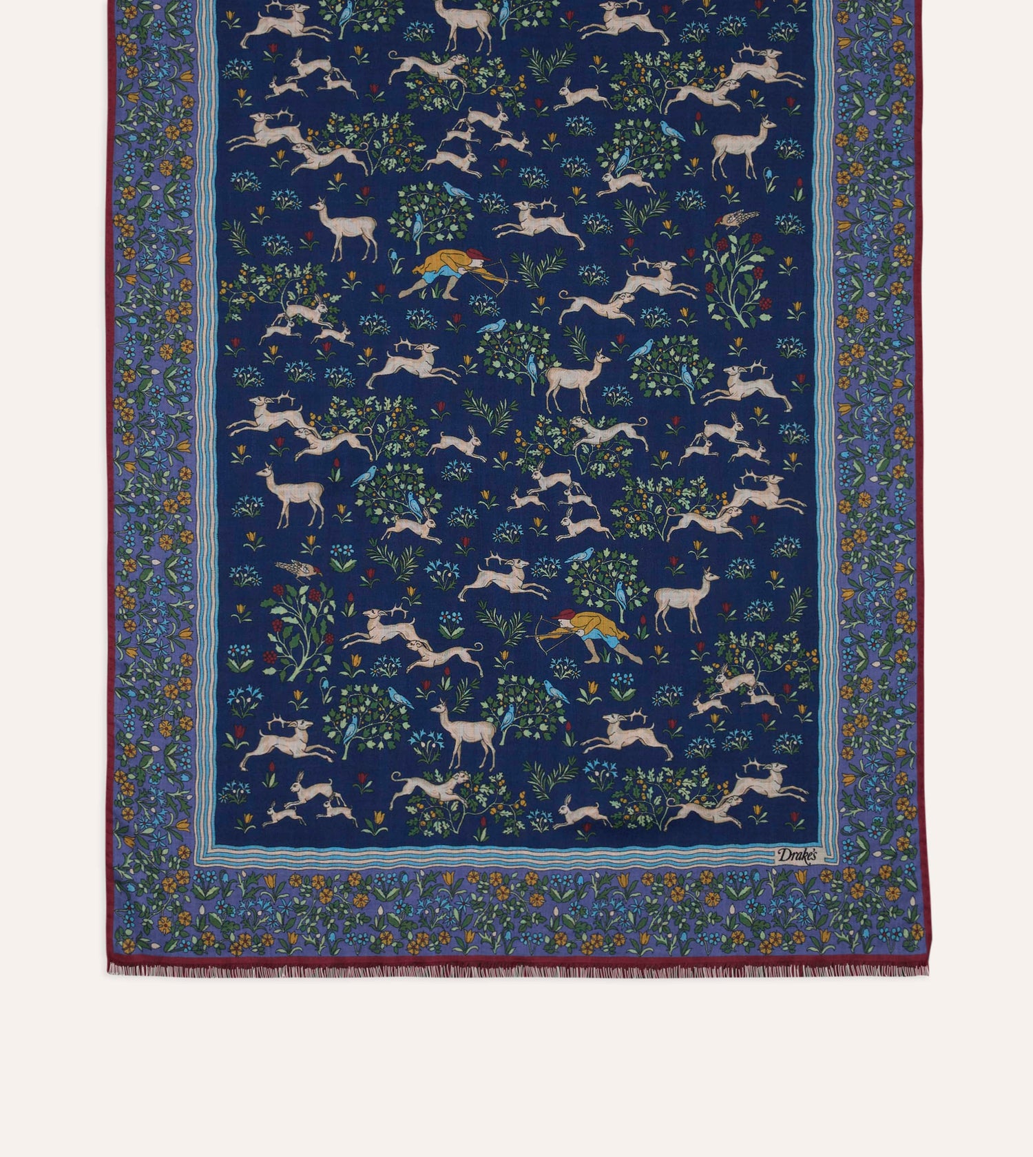 Navy Archival Animals Print Wool-Silk Scarf