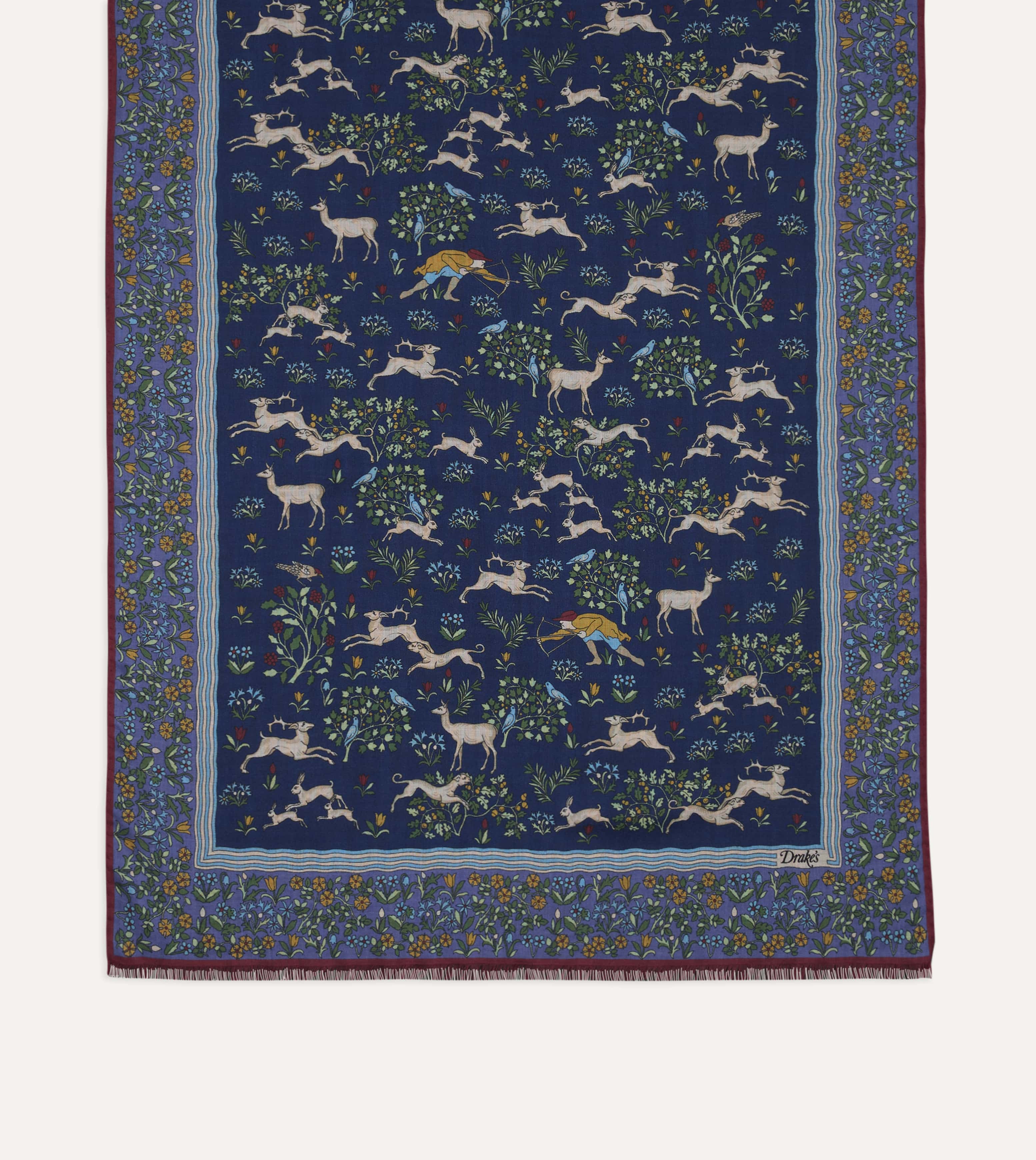 Navy Archival Animals Print Wool-Silk Scarf