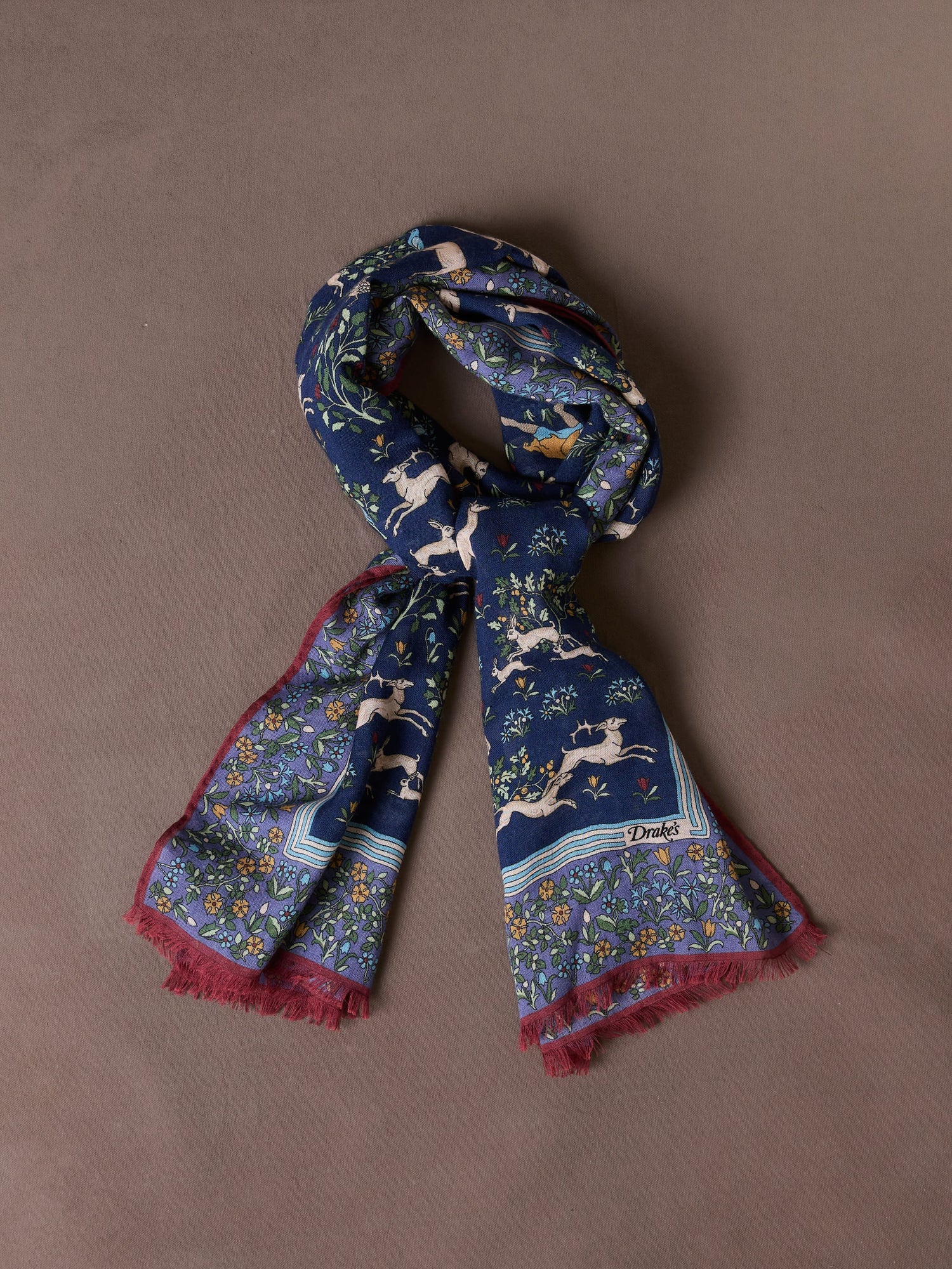 Navy Archival Animals Print Wool-Silk Scarf