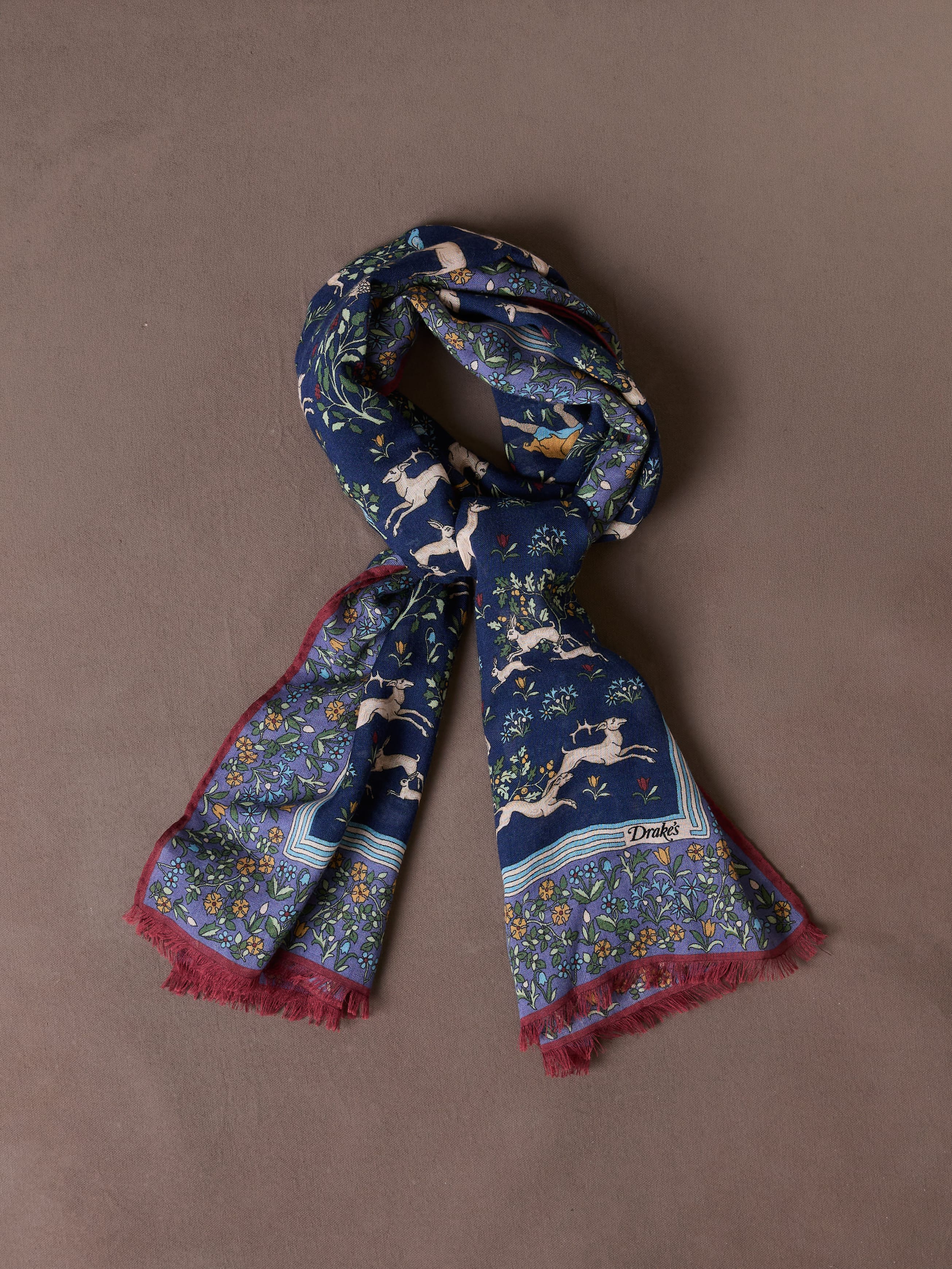 Navy Archival Animals Print Wool-Silk Scarf