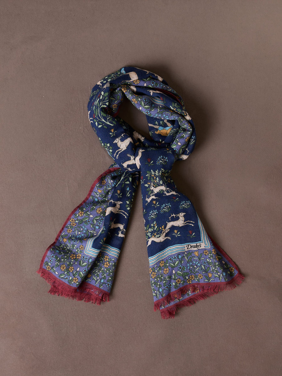 Navy Archival Animals Print Wool-Silk Scarf