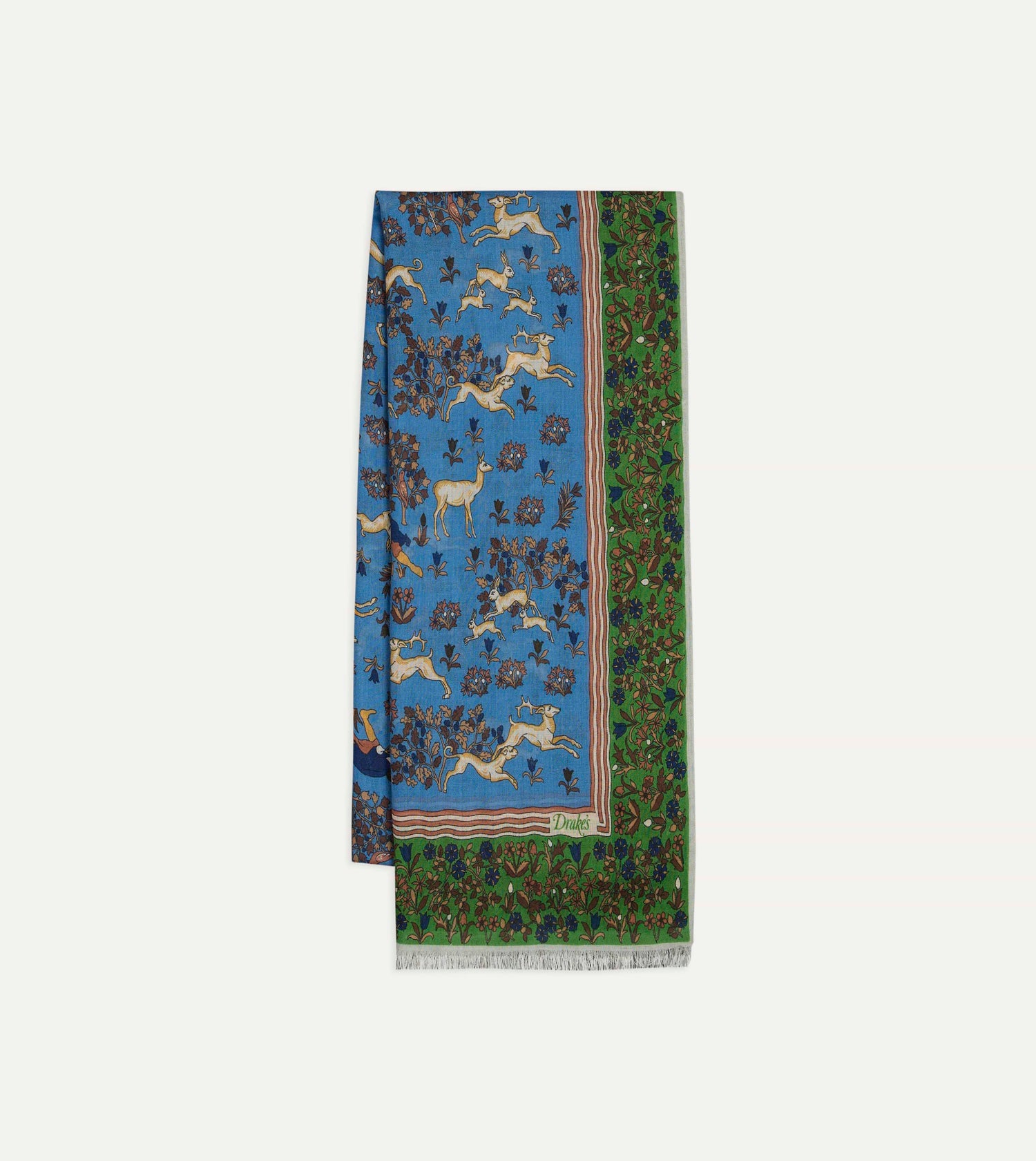 Blue Archival Animals Print Wool-Silk Scarf