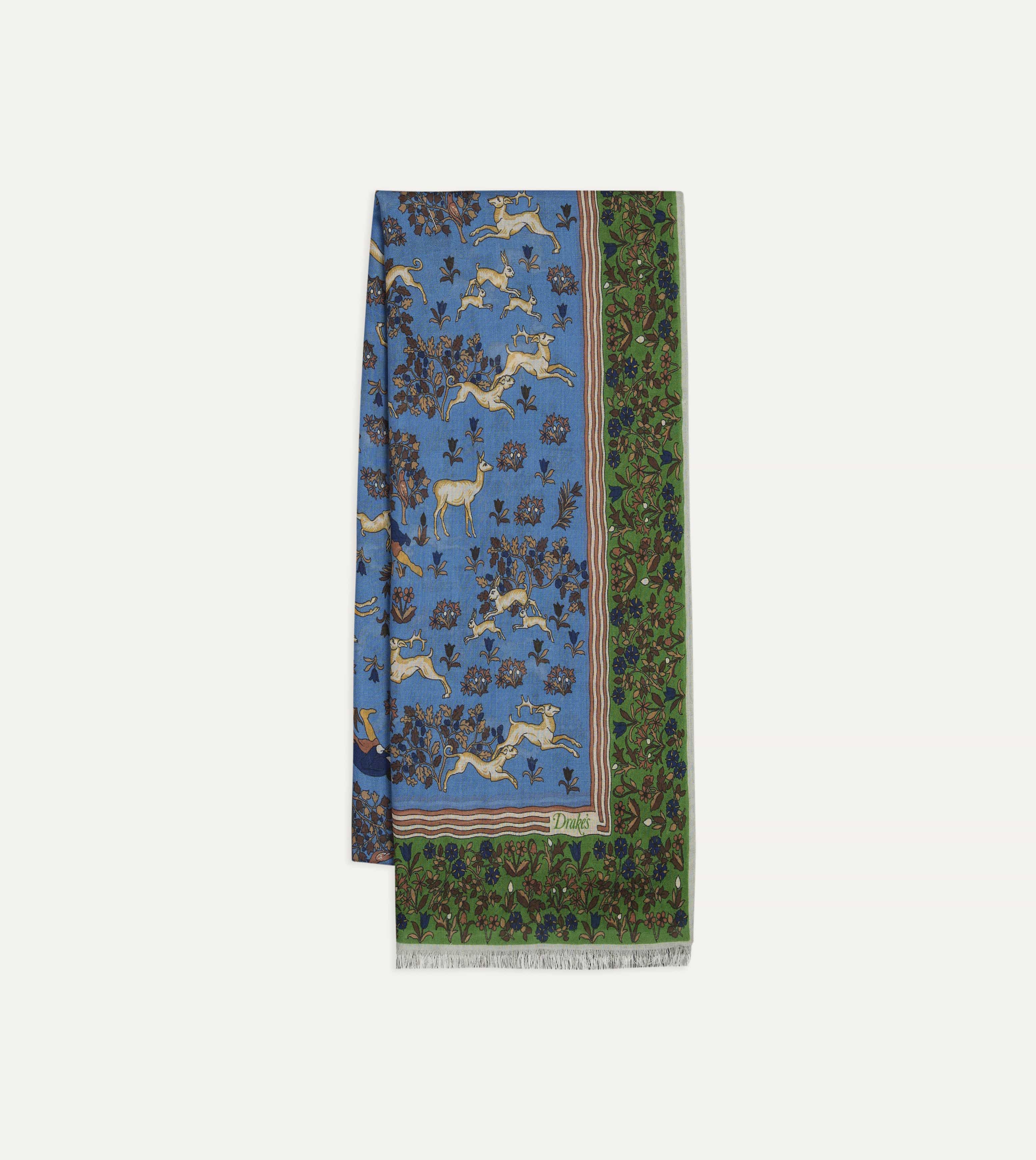Blue Archival Animals Print Wool-Silk Scarf