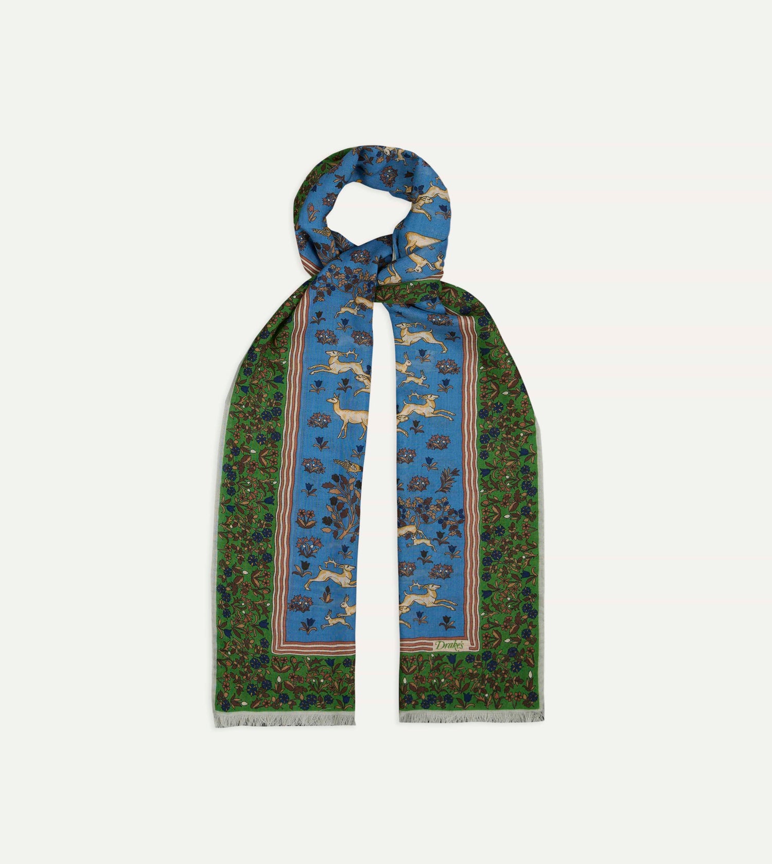 Blue Archival Animals Print Wool-Silk Scarf
