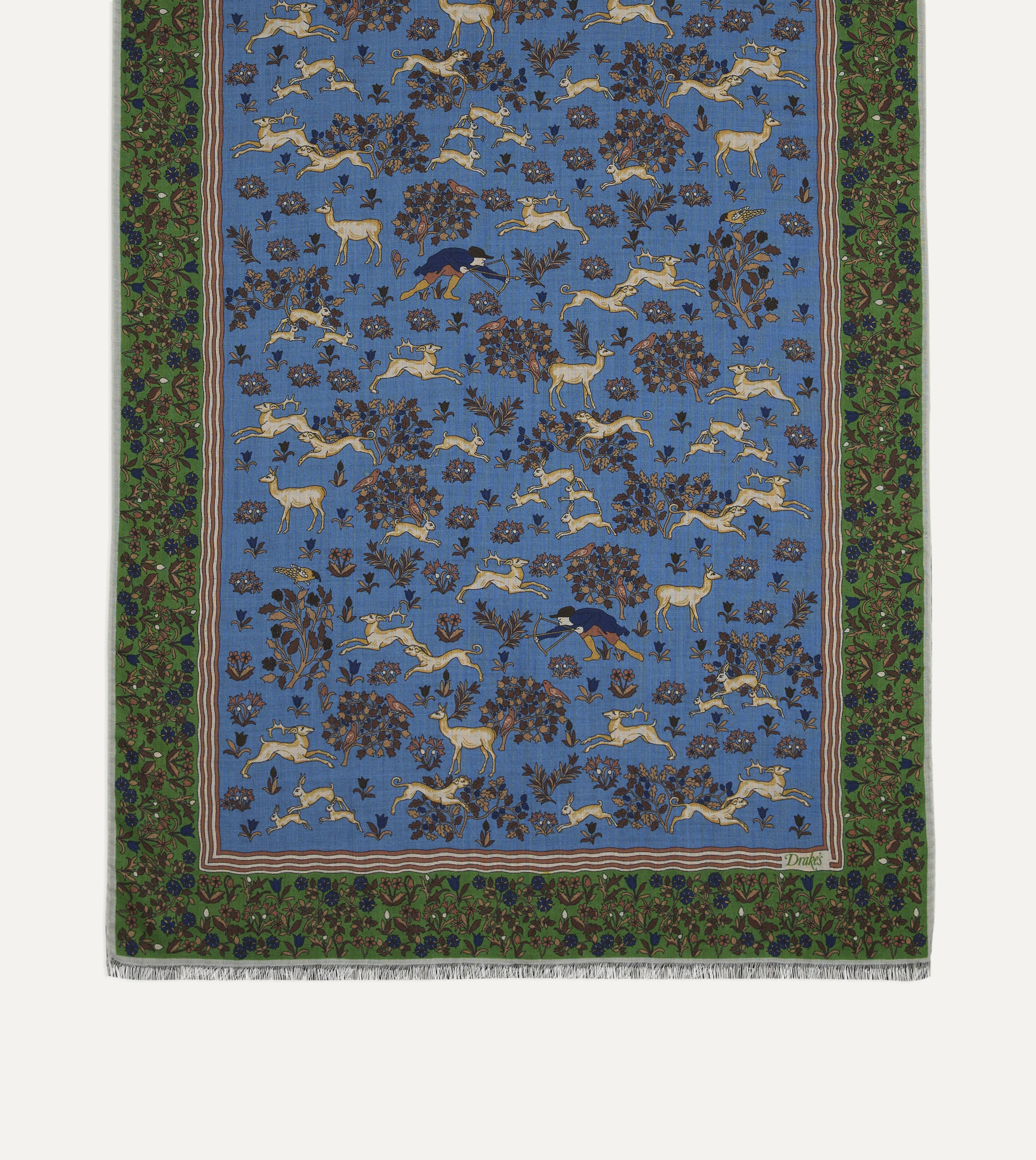 Blue Archival Animals Print Wool-Silk Scarf