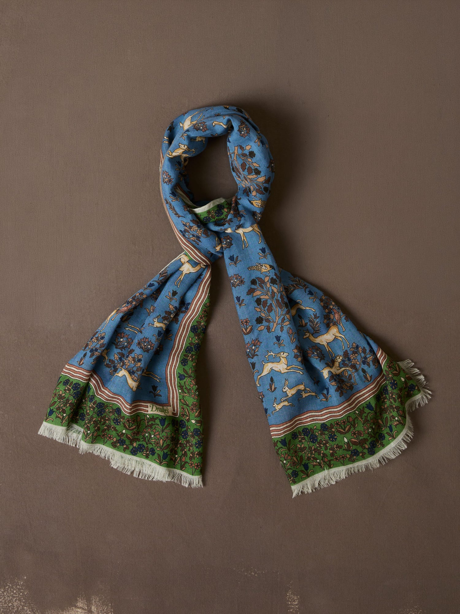 Blue Archival Animals Print Wool-Silk Scarf