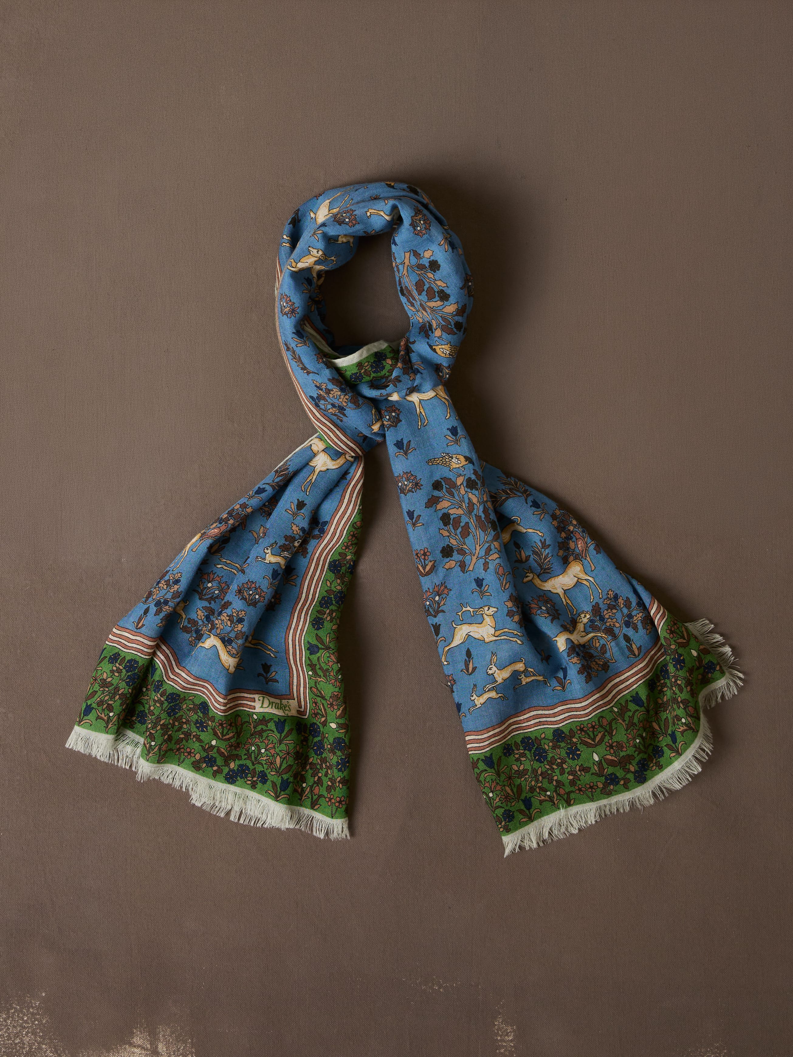 Blue Archival Animals Print Wool-Silk Scarf
