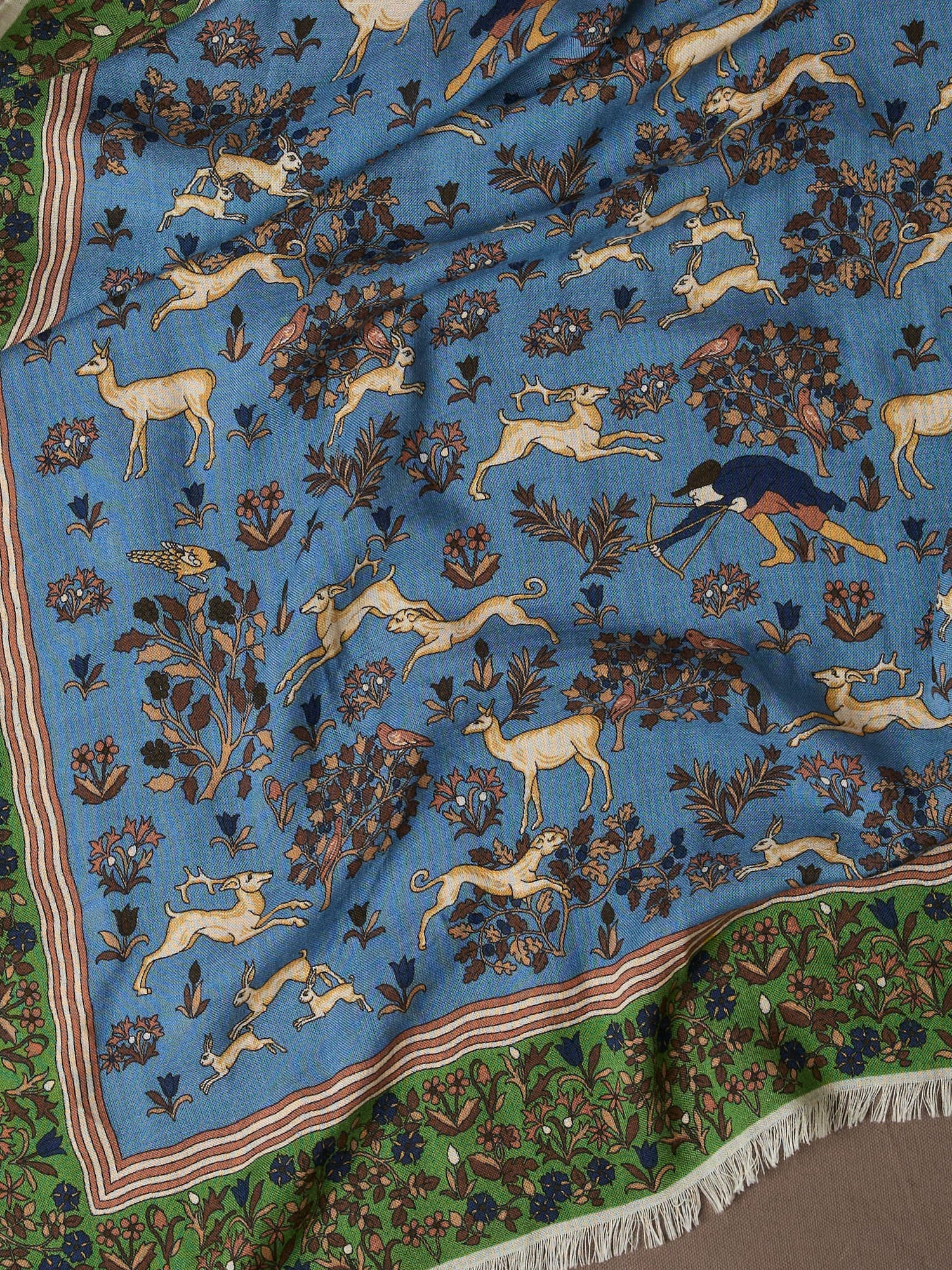 Blue Archival Animals Print Wool-Silk Scarf