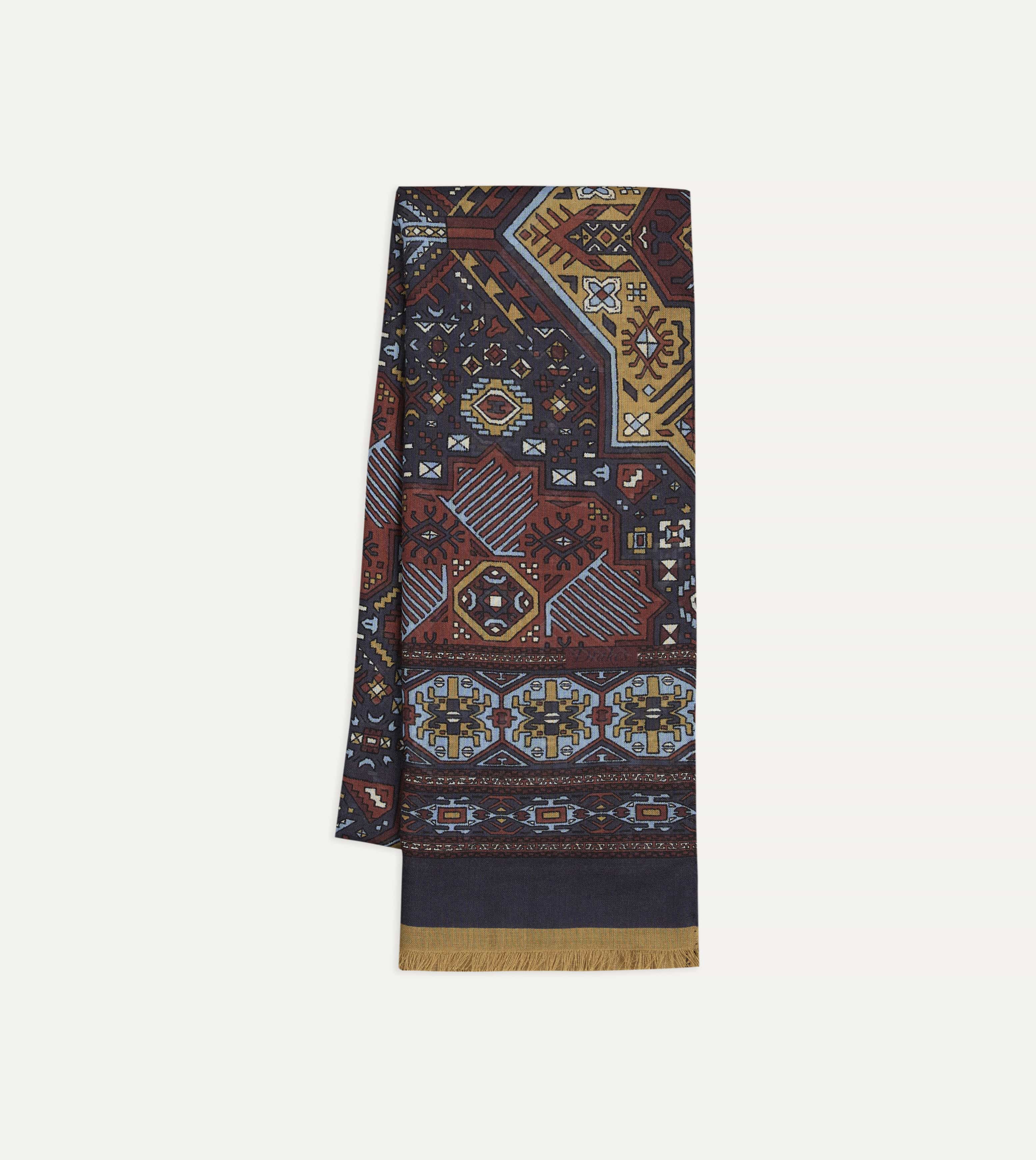 Navy and Blue Kelim Print Wool Silk Scarf