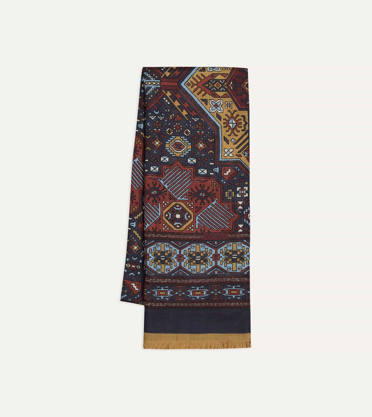 Navy and Blue Kelim Print Wool Silk Scarf