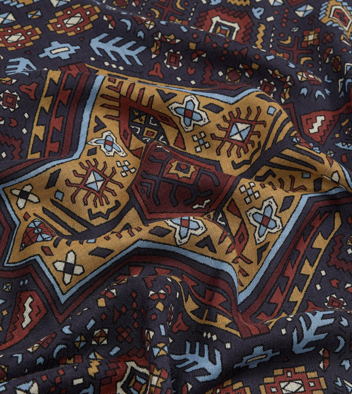 Navy and Blue Kelim Print Wool Silk Scarf
