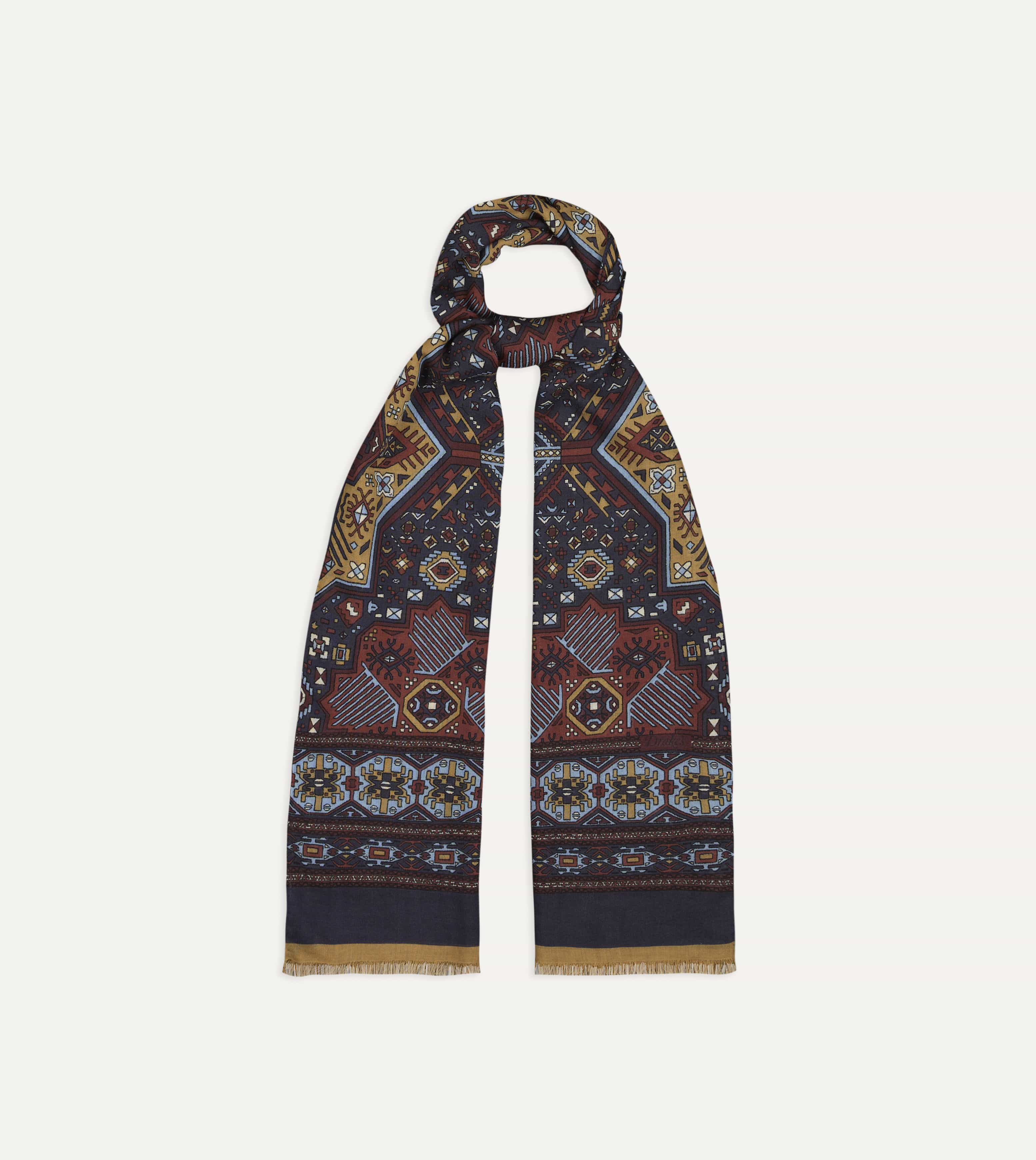 Navy and Blue Kelim Print Wool Silk Scarf