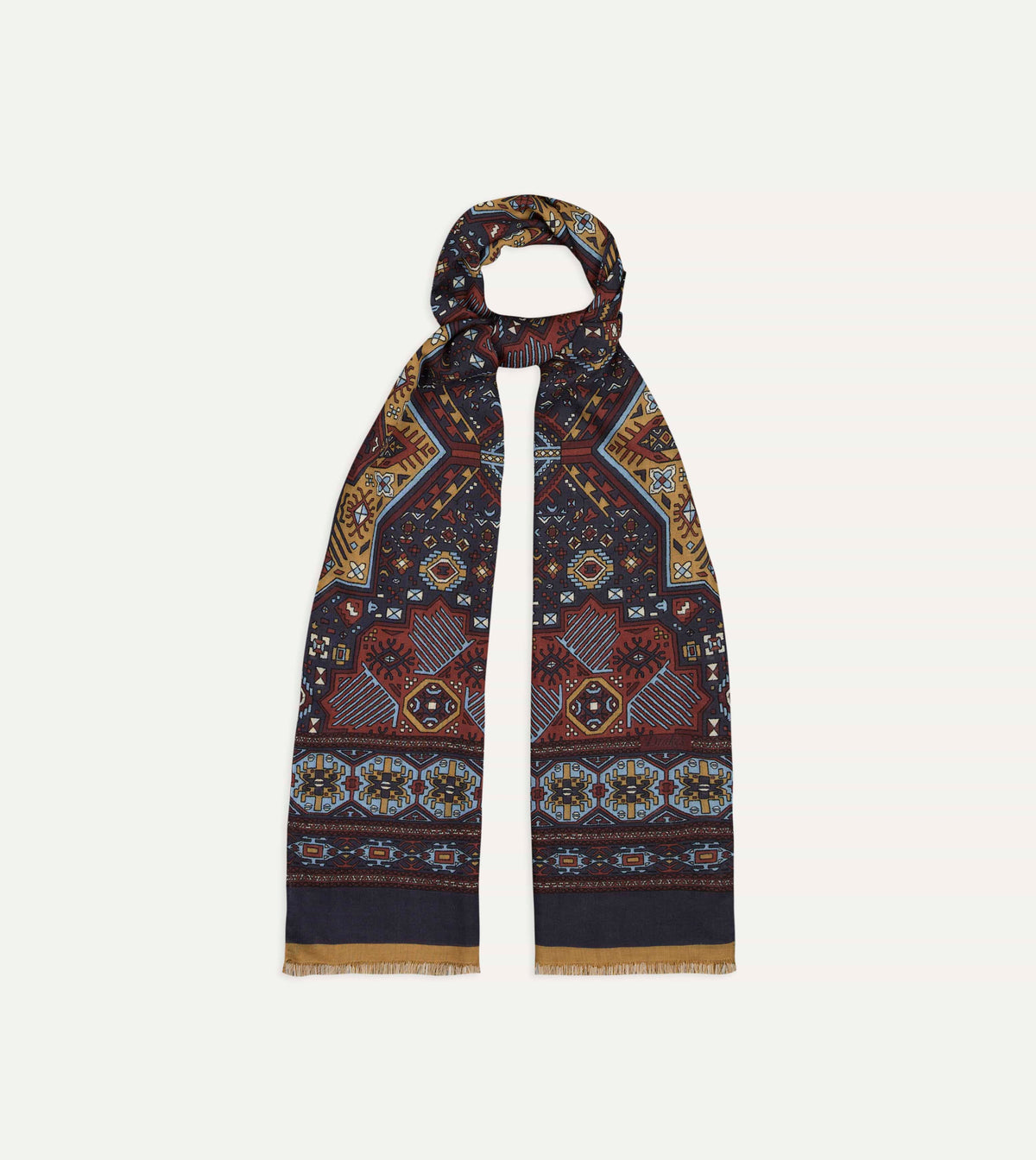 Navy and Blue Kelim Print Wool Silk Scarf