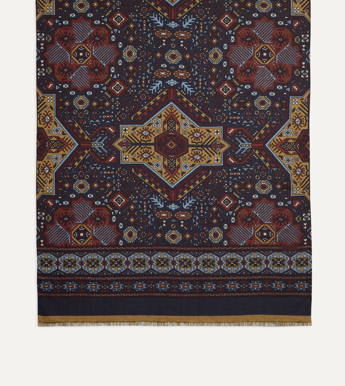 Navy and Blue Kelim Print Wool Silk Scarf