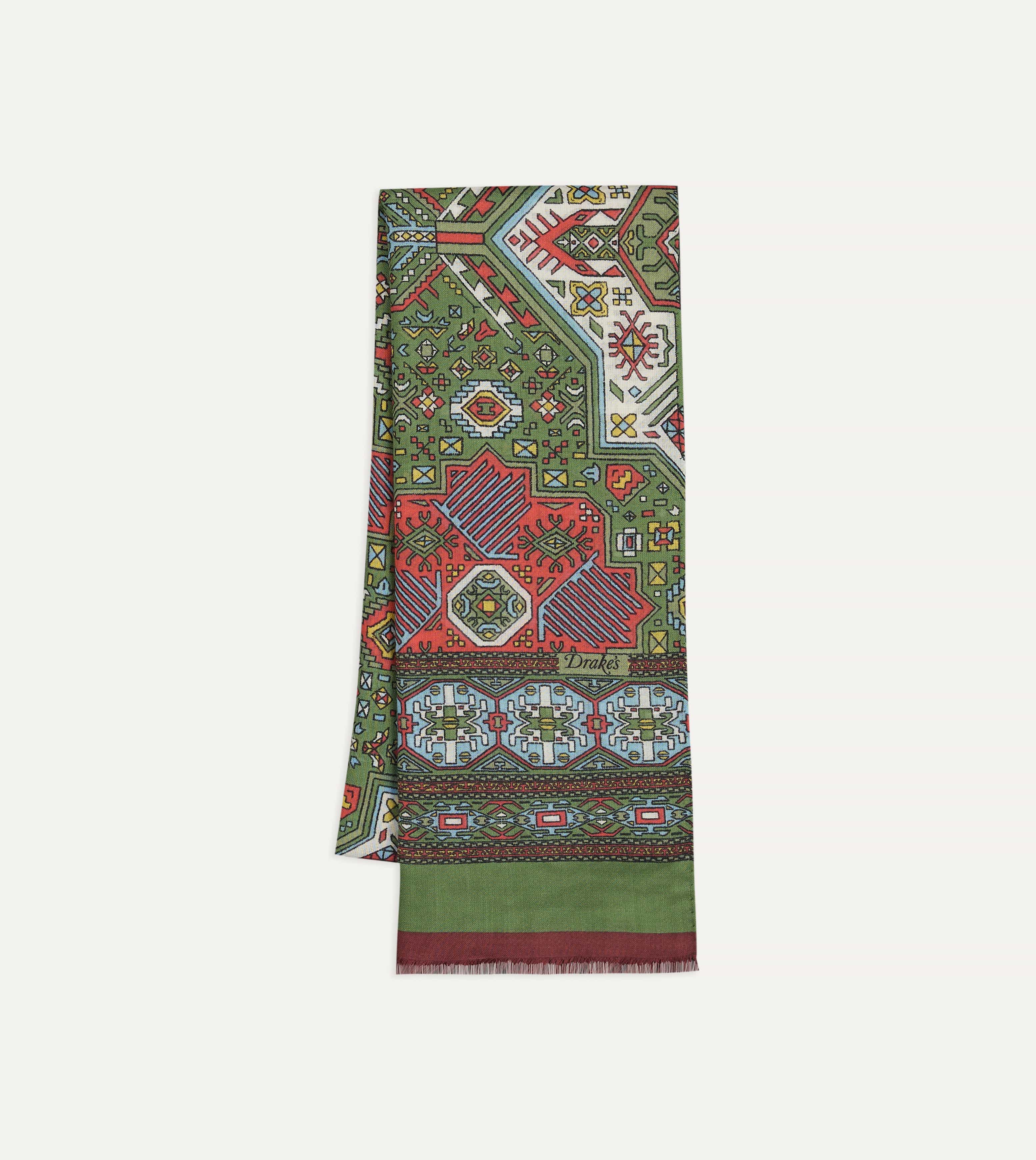 Green and Red Kelim Print Wool Silk Scarf