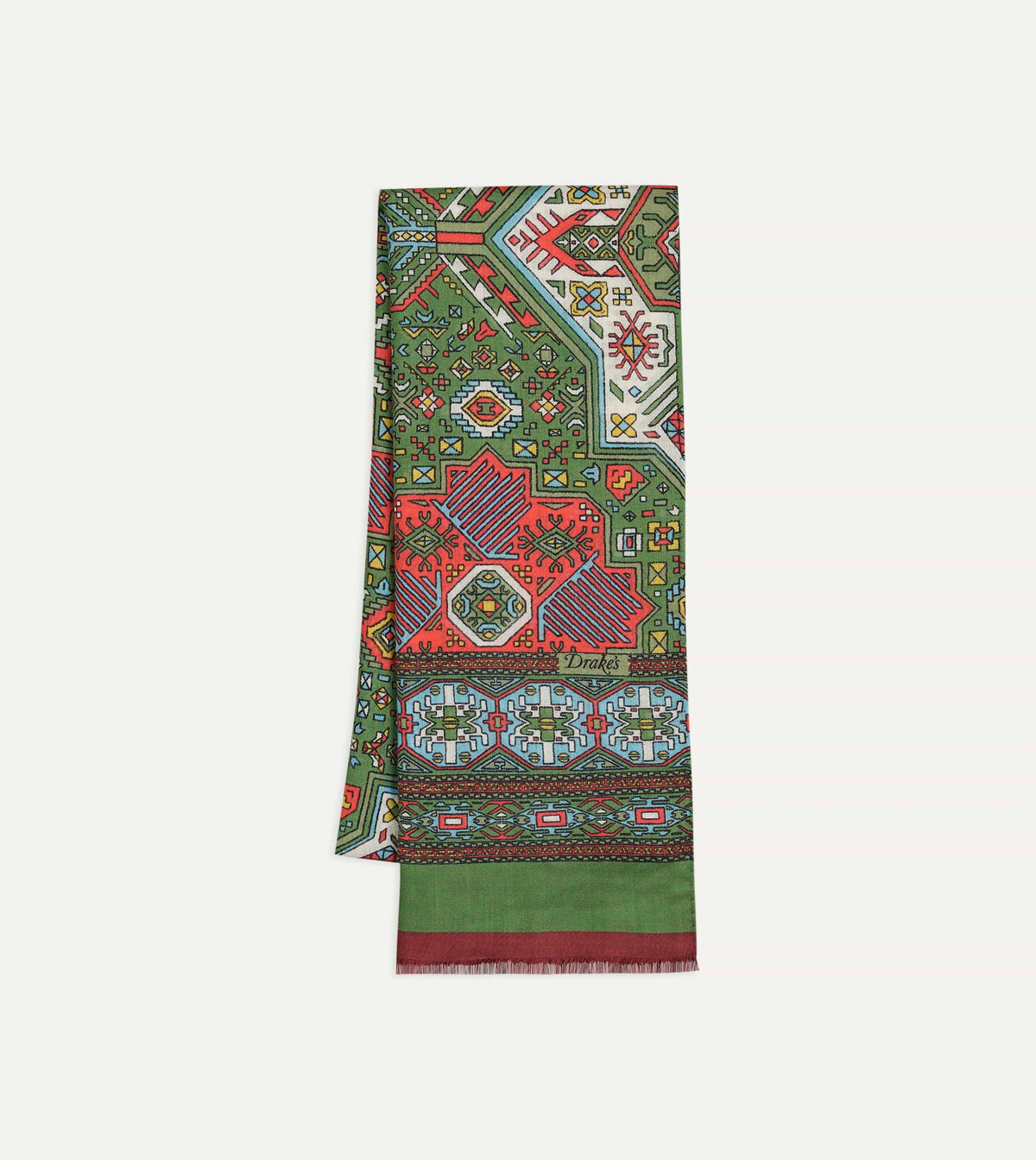Green and Red Kelim Print Wool Silk Scarf